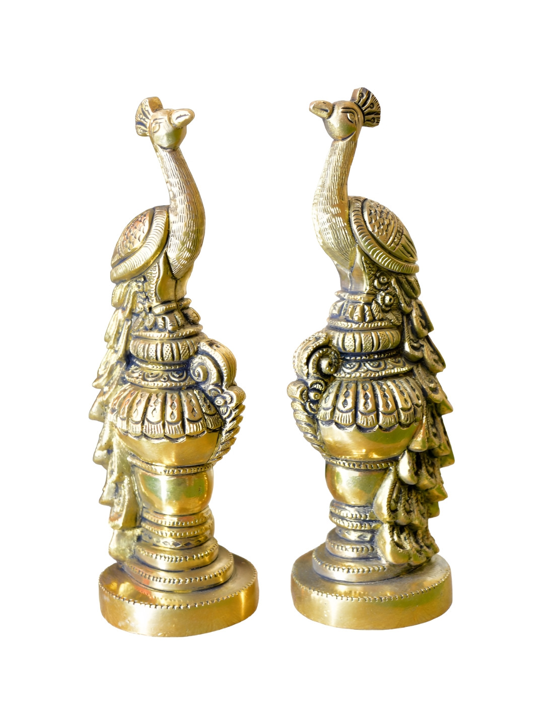 Aakrati Small Sitting Peacock Yellow Brass Metallic Home Office Hand Made Set of 2 Small Showpieces - 6.9 Inches