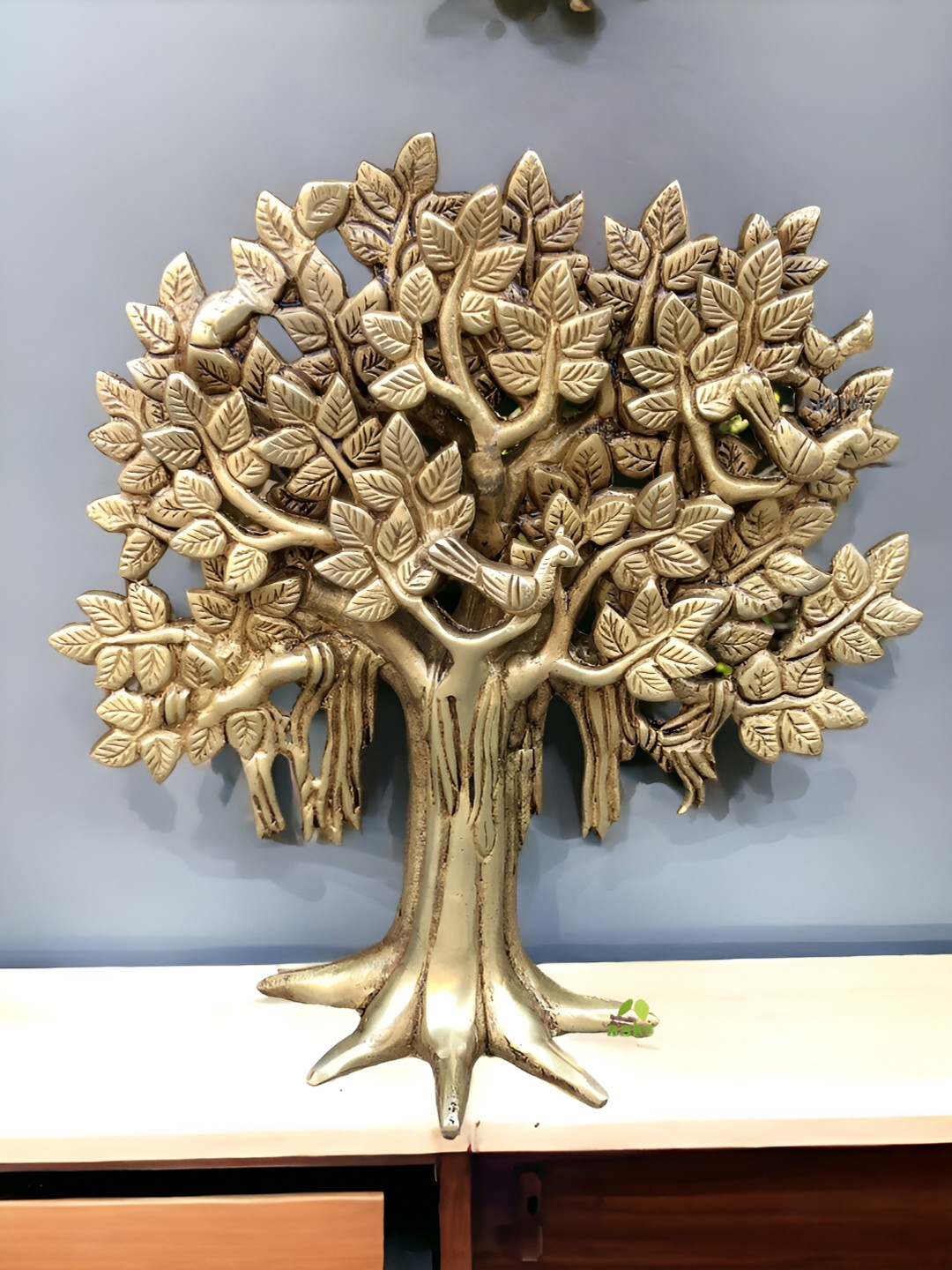 Aakrati Tree on Wall Yellow Brass Metallic Living Room Medium Showpiece - 10 Inches