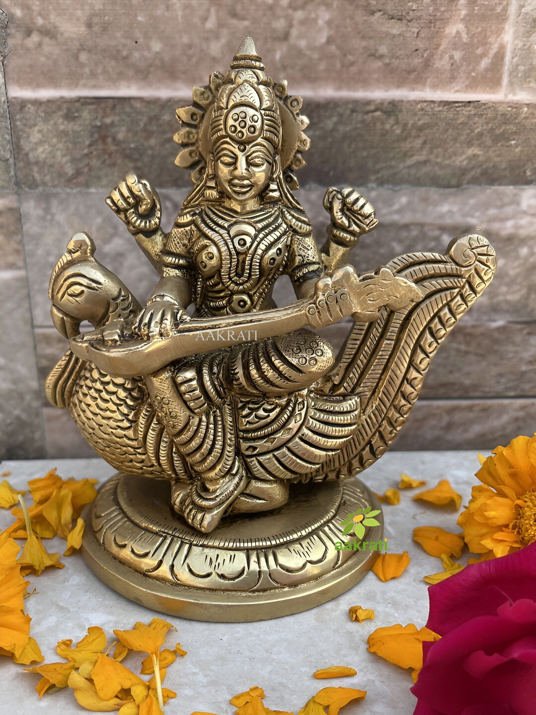 Aakrati Saraswati Adorning A Swan Yellow Brass Metallic Prayer Room Medium Showpiece - 4 Inches