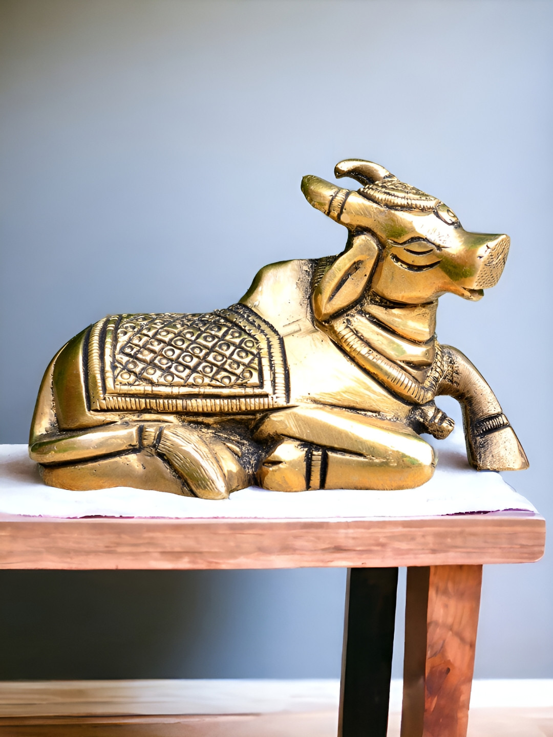 Aakrati The Vehicle Of Shiva Gold Brass Metallic Prayer Room Medium Showpiece - 2.4 Inches