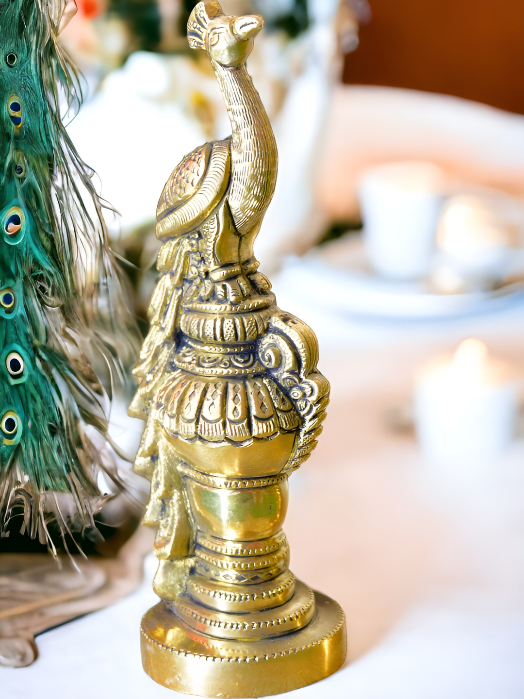 Aakrati Peacock Sitting Gold Brass Metallic Living Room Medium Showpiece -