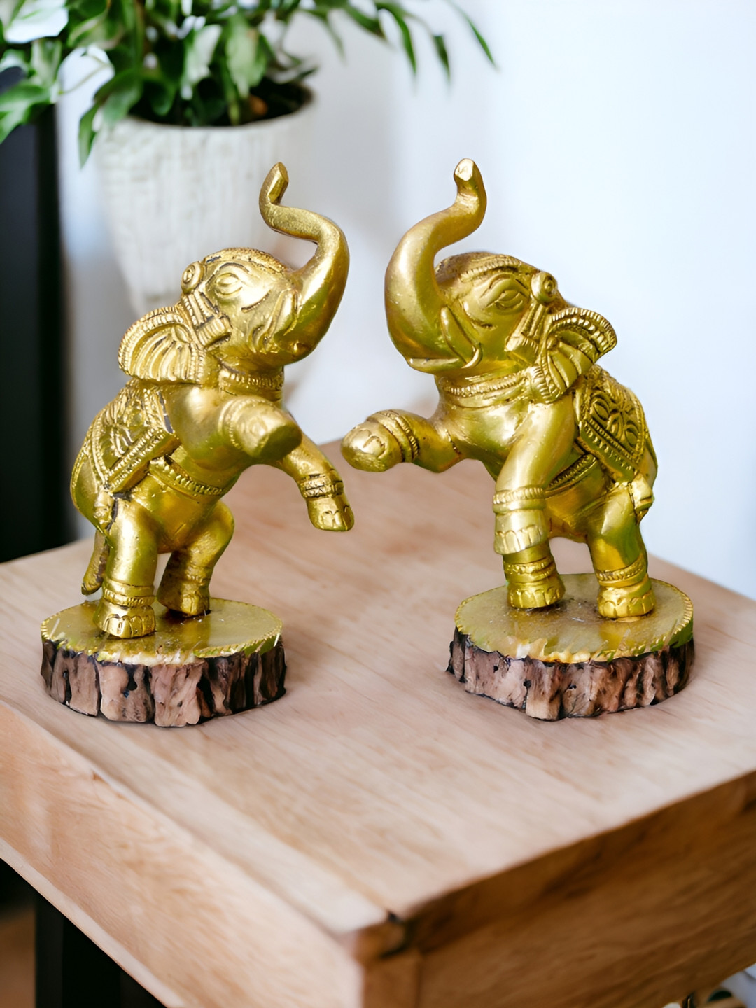 Aakrati Cute Elephant Gold Brass Metallic Living Room Set of 2 Tiny Showpieces - 4.3 Inches