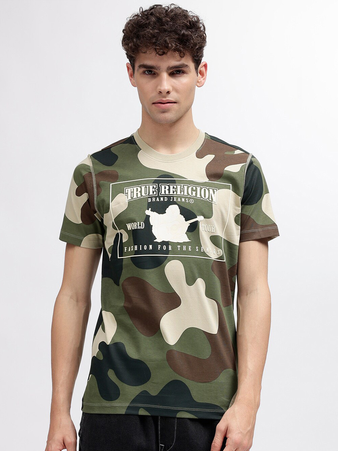True Religion Men Camouflage Printed Raw Edge T-shirt