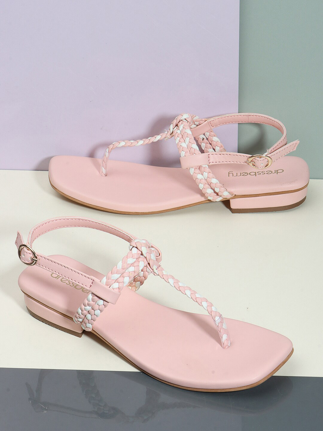 DressBerry Women braided T-strap flats