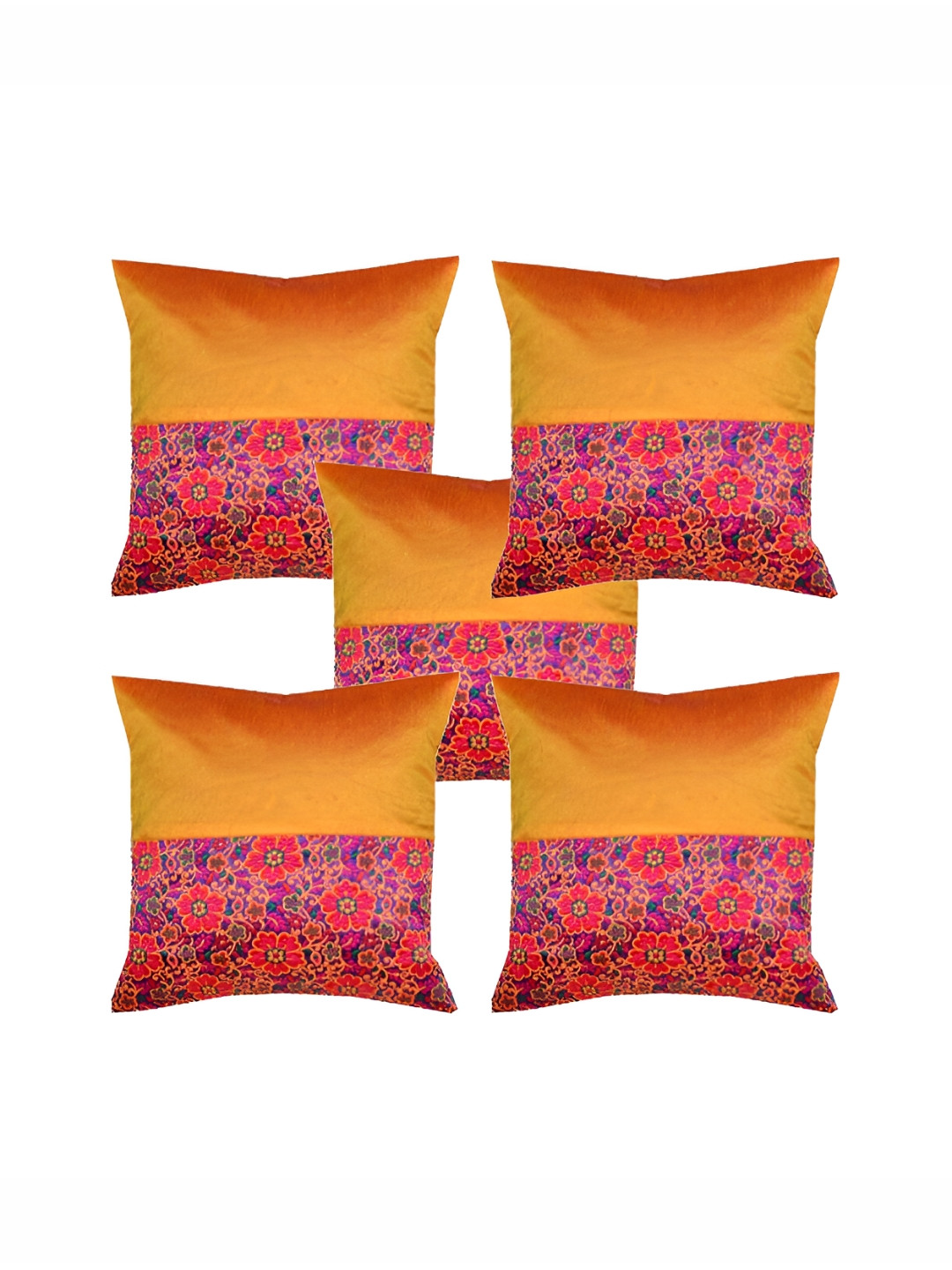 Pink Parrot Orange & Purple 5 Pcs Floral Square Cushion Covers