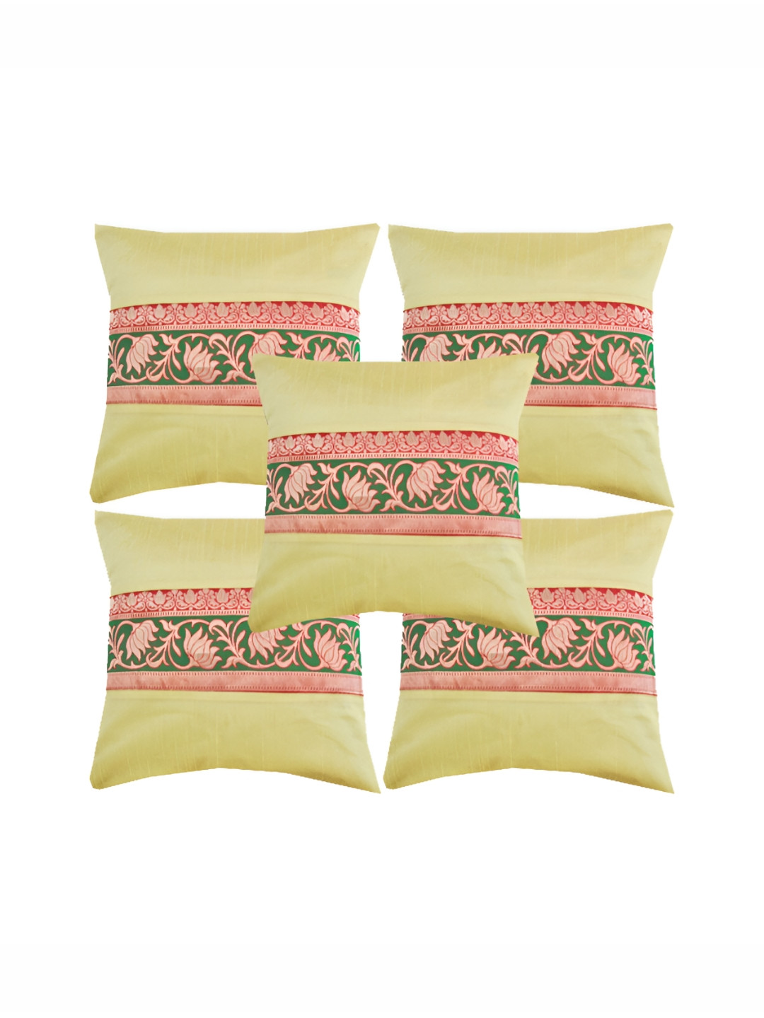 Pink Parrot Cream-Coloured & Pink 5 Pcs Ethnic Motifs Square Cushion Covers