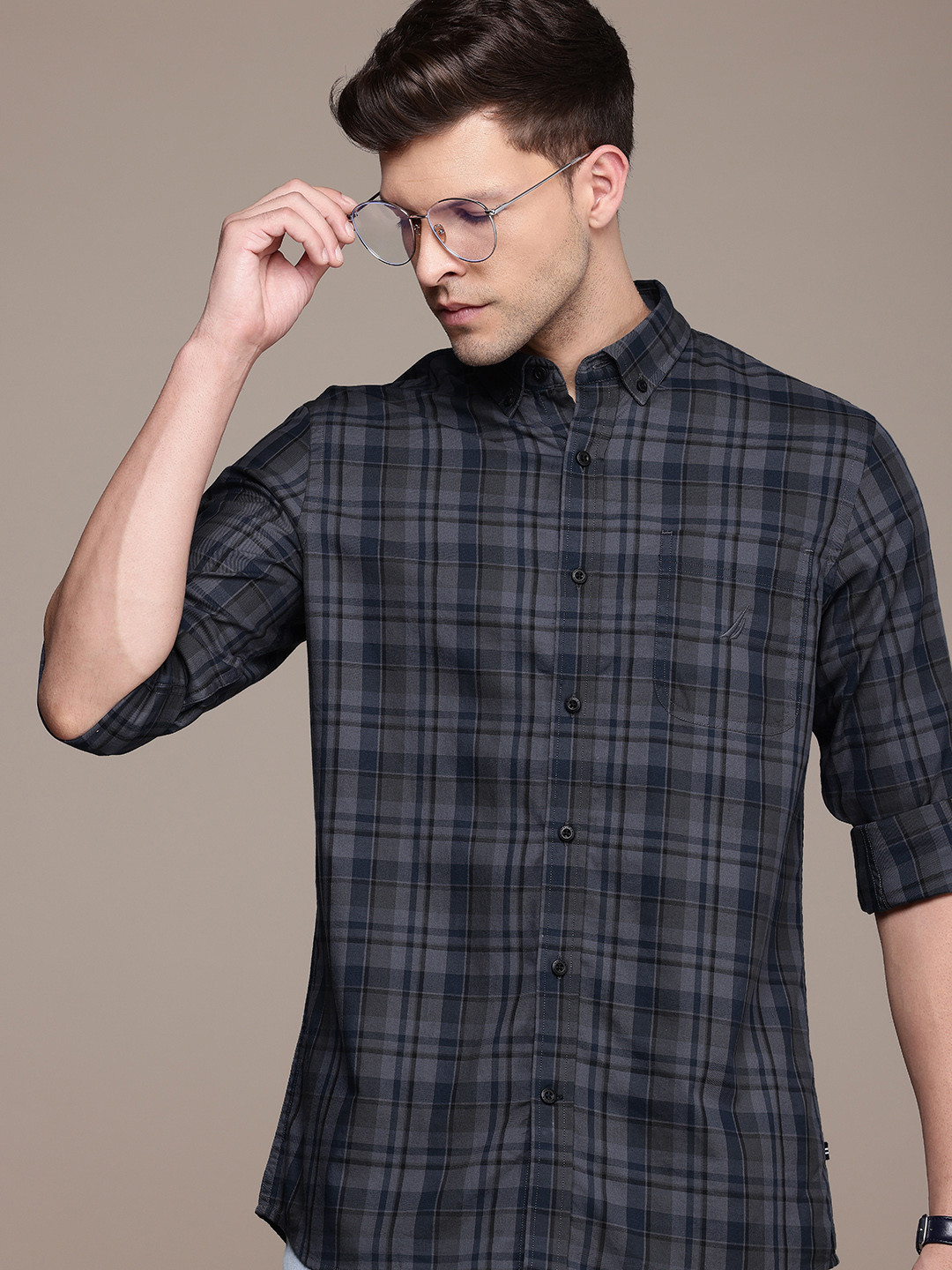 Nautica Slim Fit Checked Pure Cotton Casual Shirt