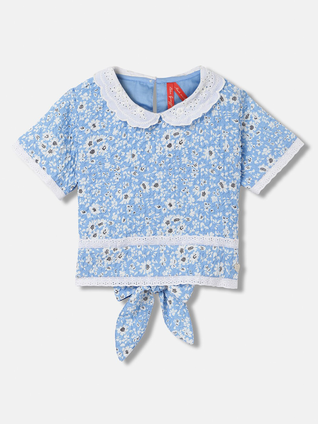 Blue Giraffe Floral Print Bell Sleeve Cotton Top