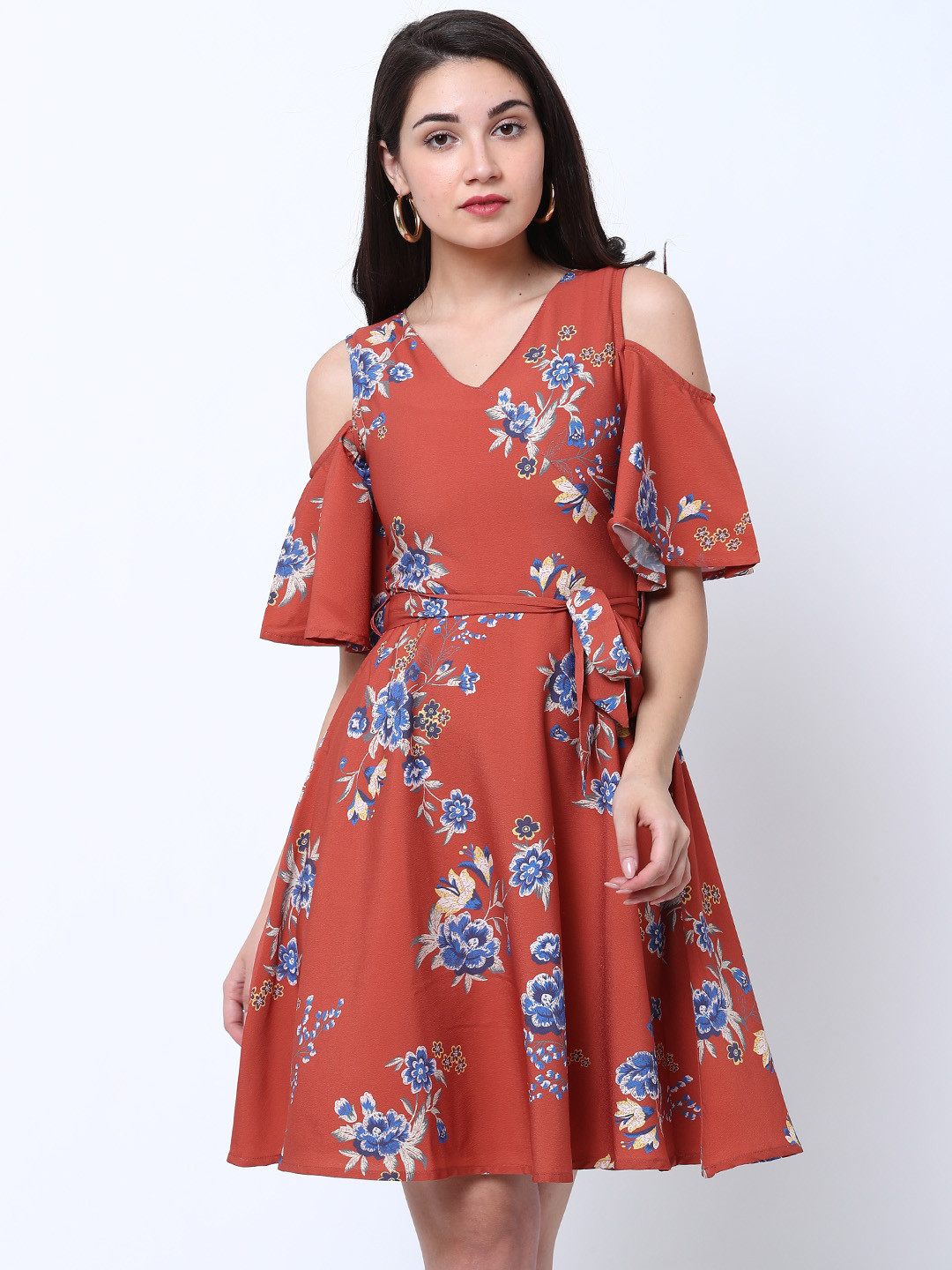 Tokyo Talkies Women Coral Printed Fit and Flare Cold Shoulder Dress