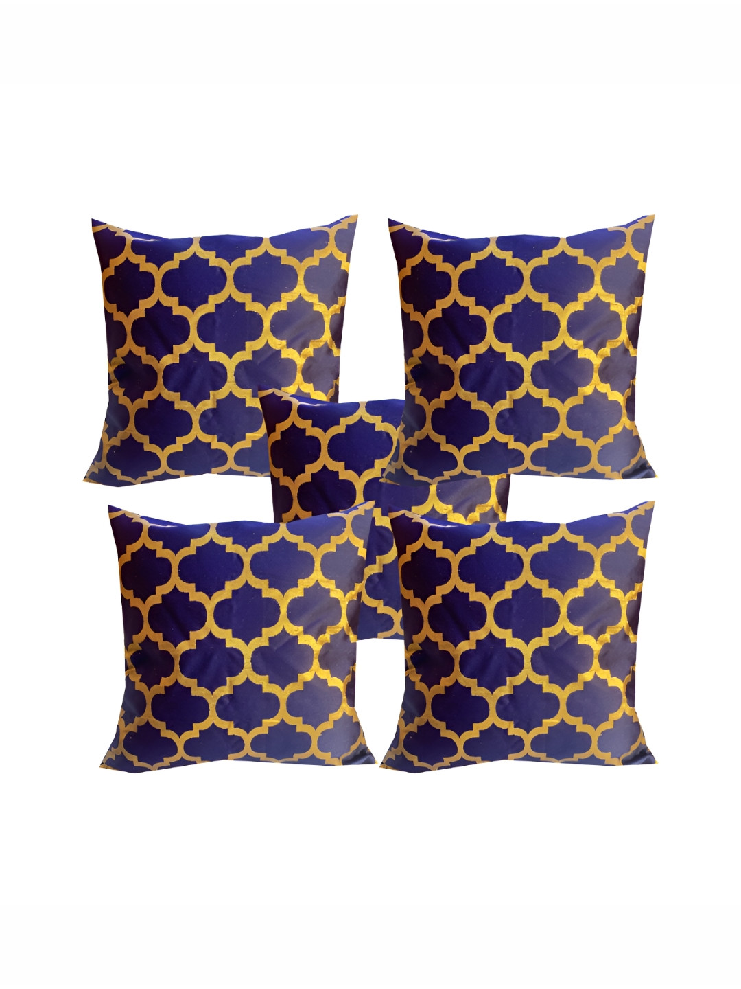 Pink Parrot Blue & Gold-Toned 5 Pcs Geometric Square Cushion Covers