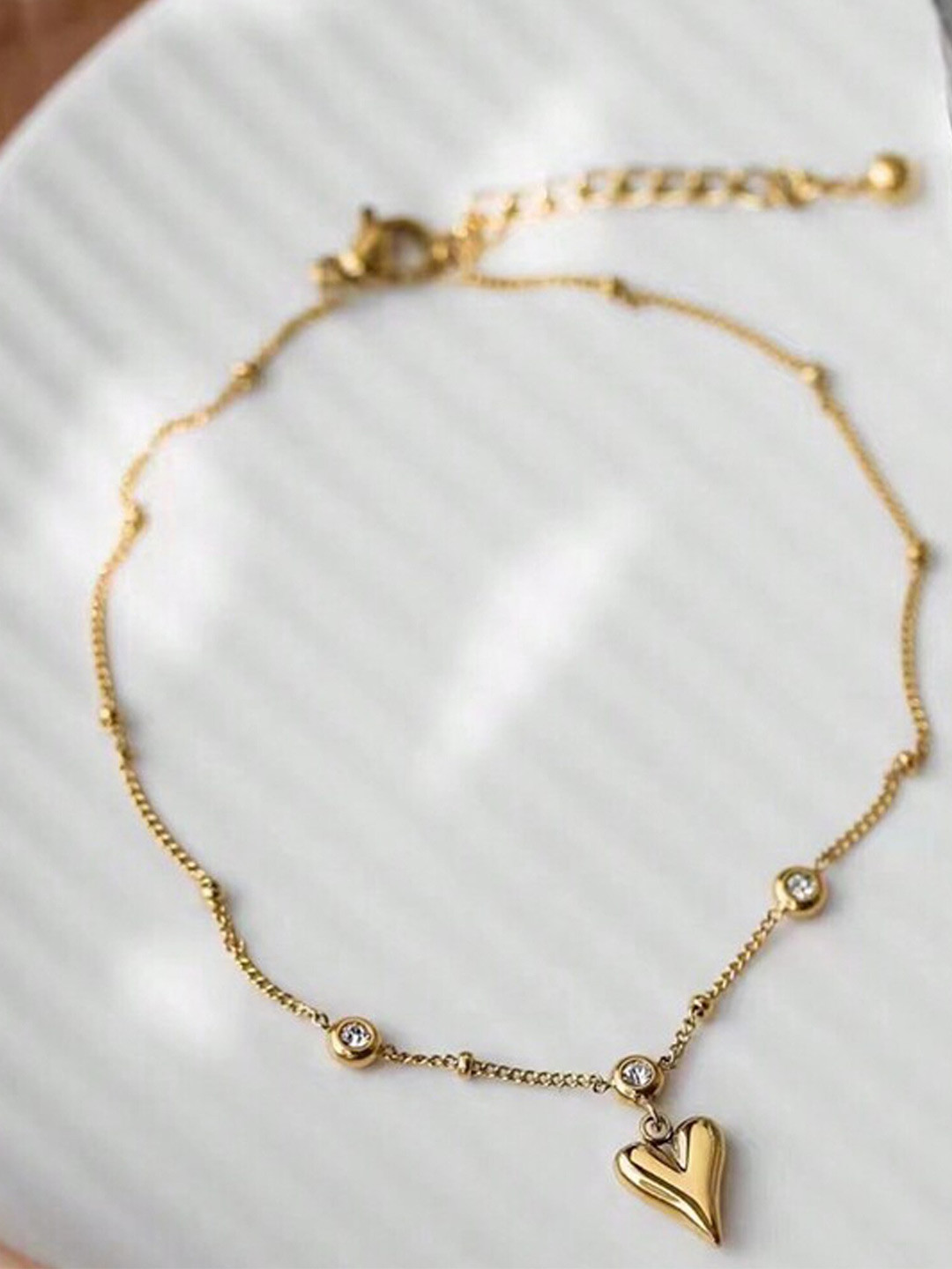 Fashion Frill Gold-Plated CZ Studded Heart Design Chain Anklet