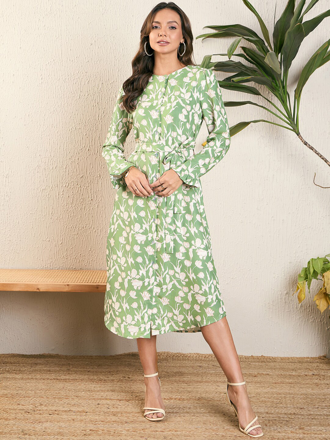 Kibo Frill Cuff Midi Shirt  Dress