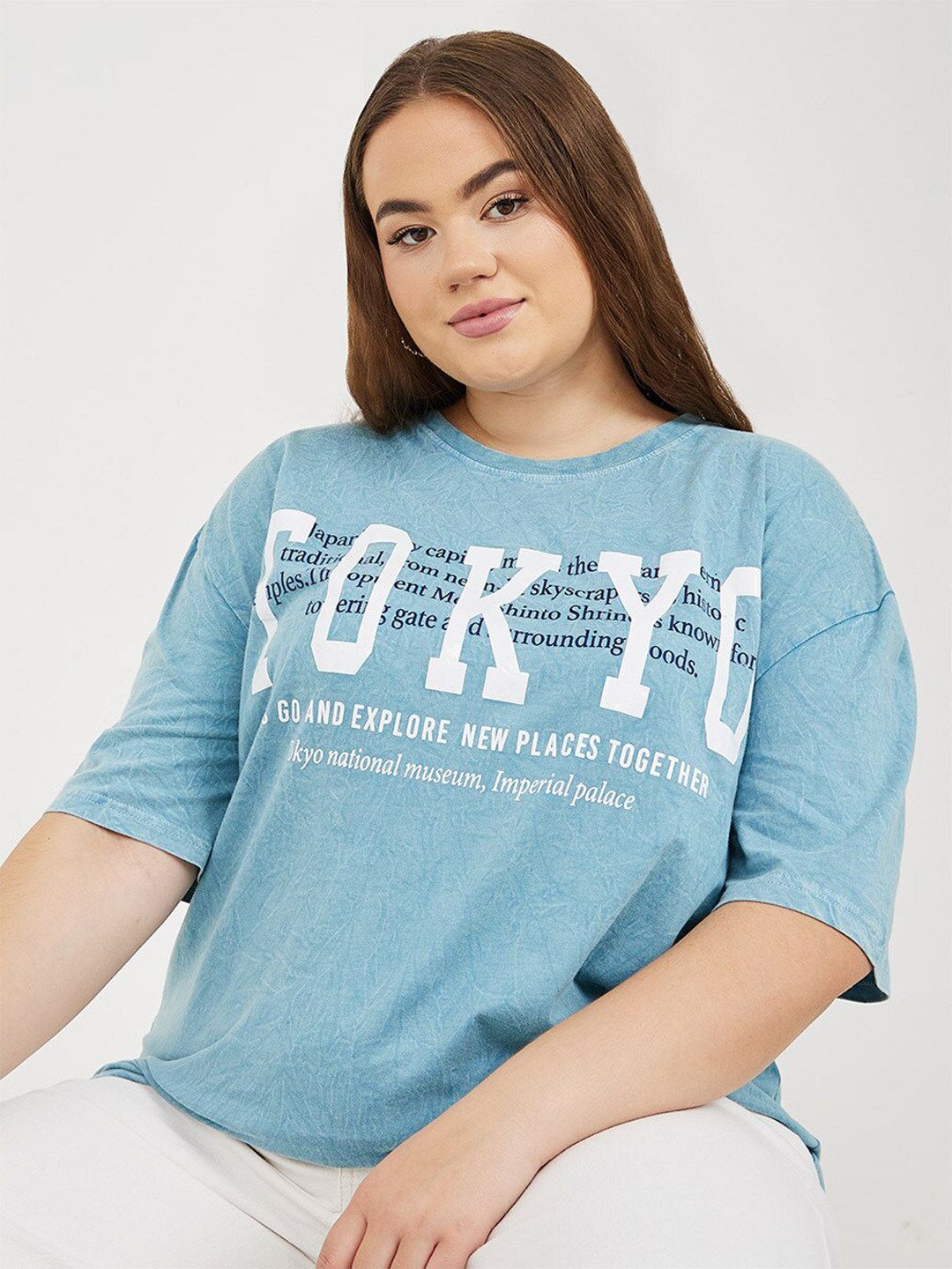 Styli Plus Size Blue Oversized Acid Wash Tokyo Printed Cotton T-shirt