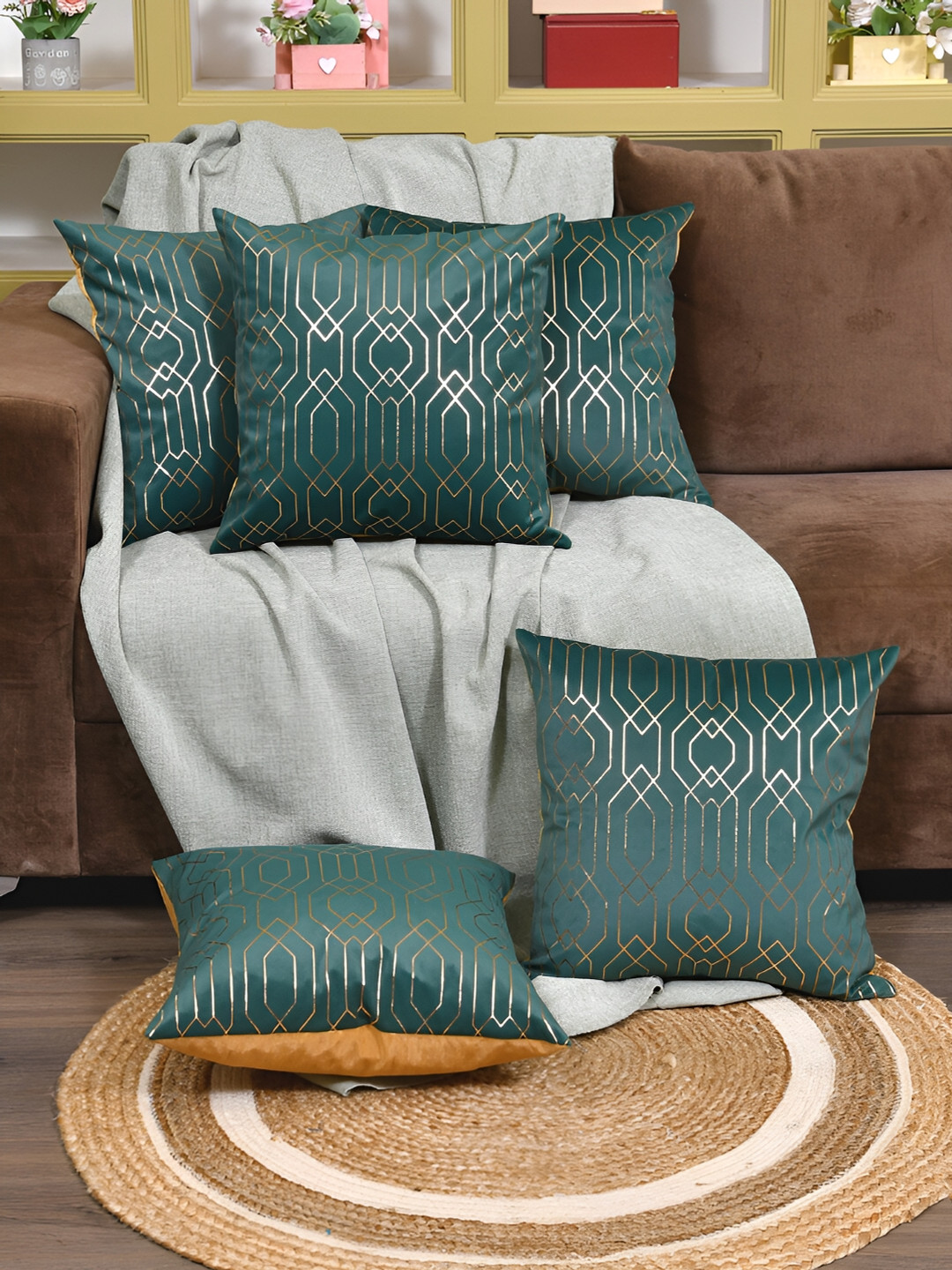 Clasiko Green Velvet Washable 5 Piece Embroidered Square Cushion Covers -16x16In