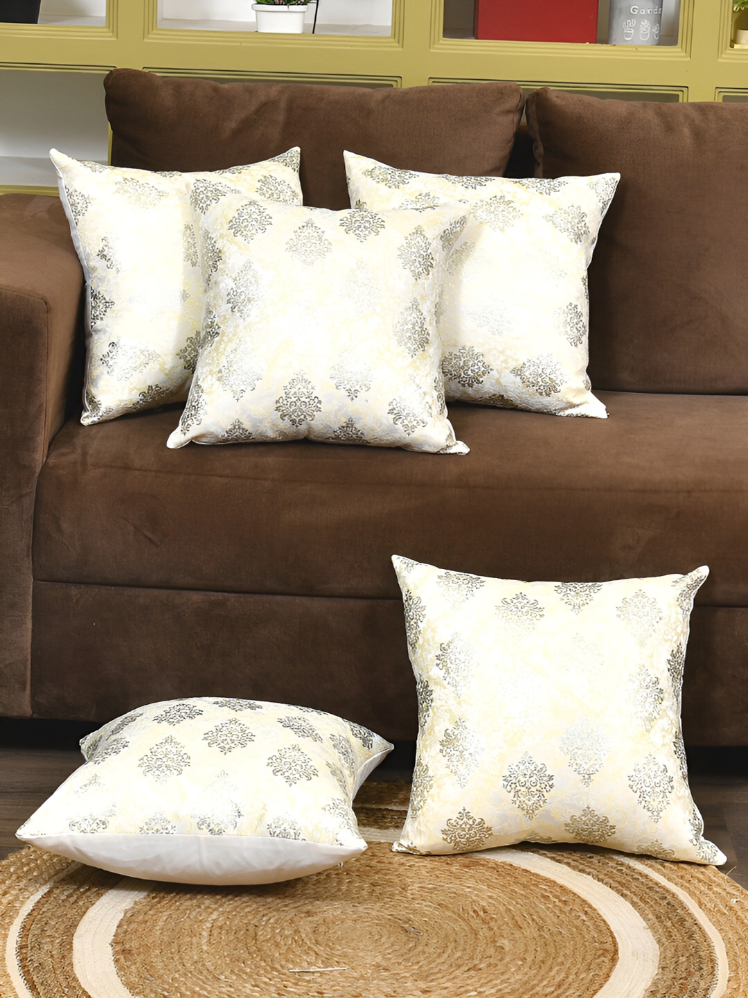 Clasiko Paisley Print Silver Ethnic Motifs Cotton 5 Piece Square Cushion Covers -16x16In