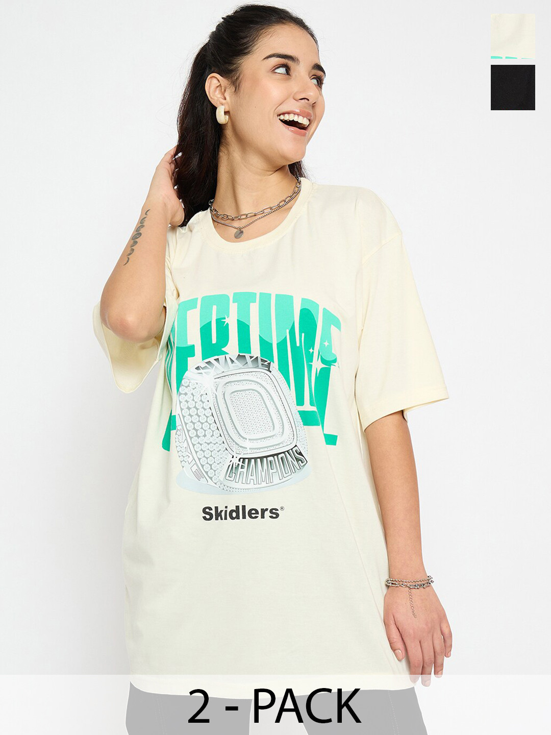 Skidlers Women Graphic Printed Round Neck Semi Oversized T-Shirt