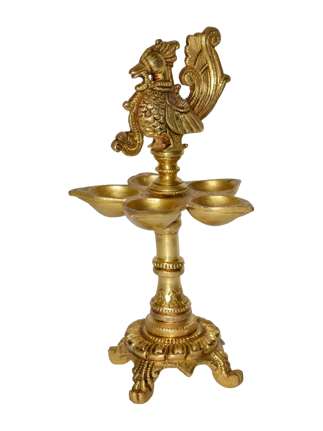 Aakrati Gold Toned Brass Peacock-Design 5-Side Standing Diya