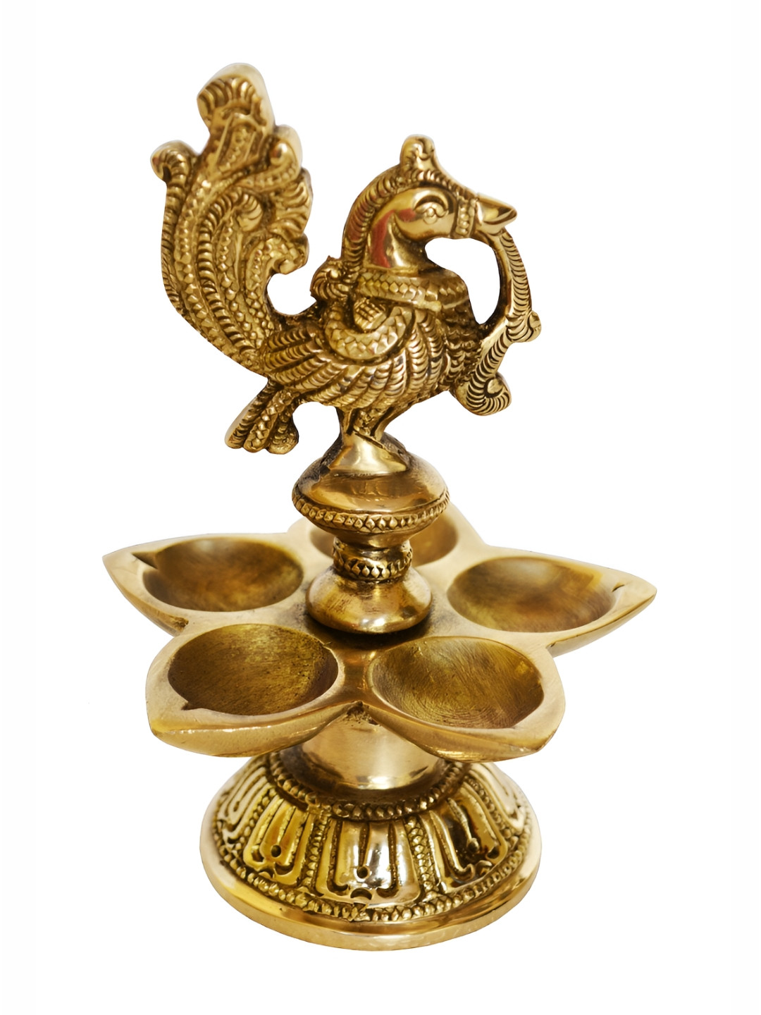 Aakrati Brass Peacock-Design 5-Wicks Table Diya