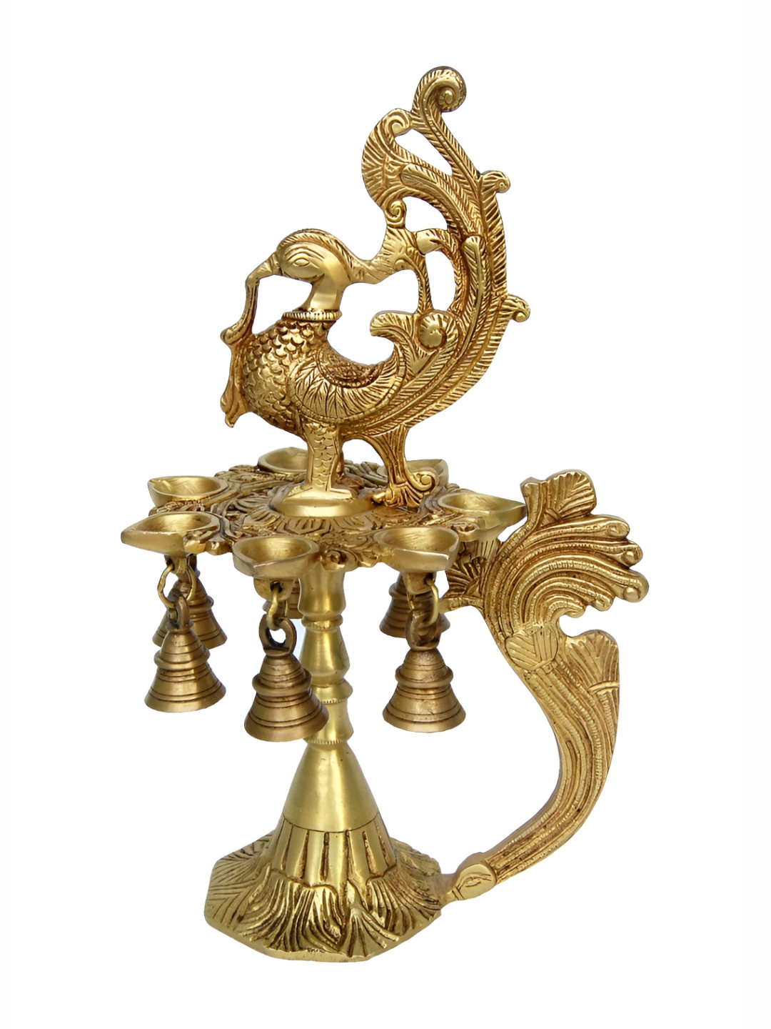 Aakrati Gold Toned Brass Peacock-Design Table Diya With Hanging Bells