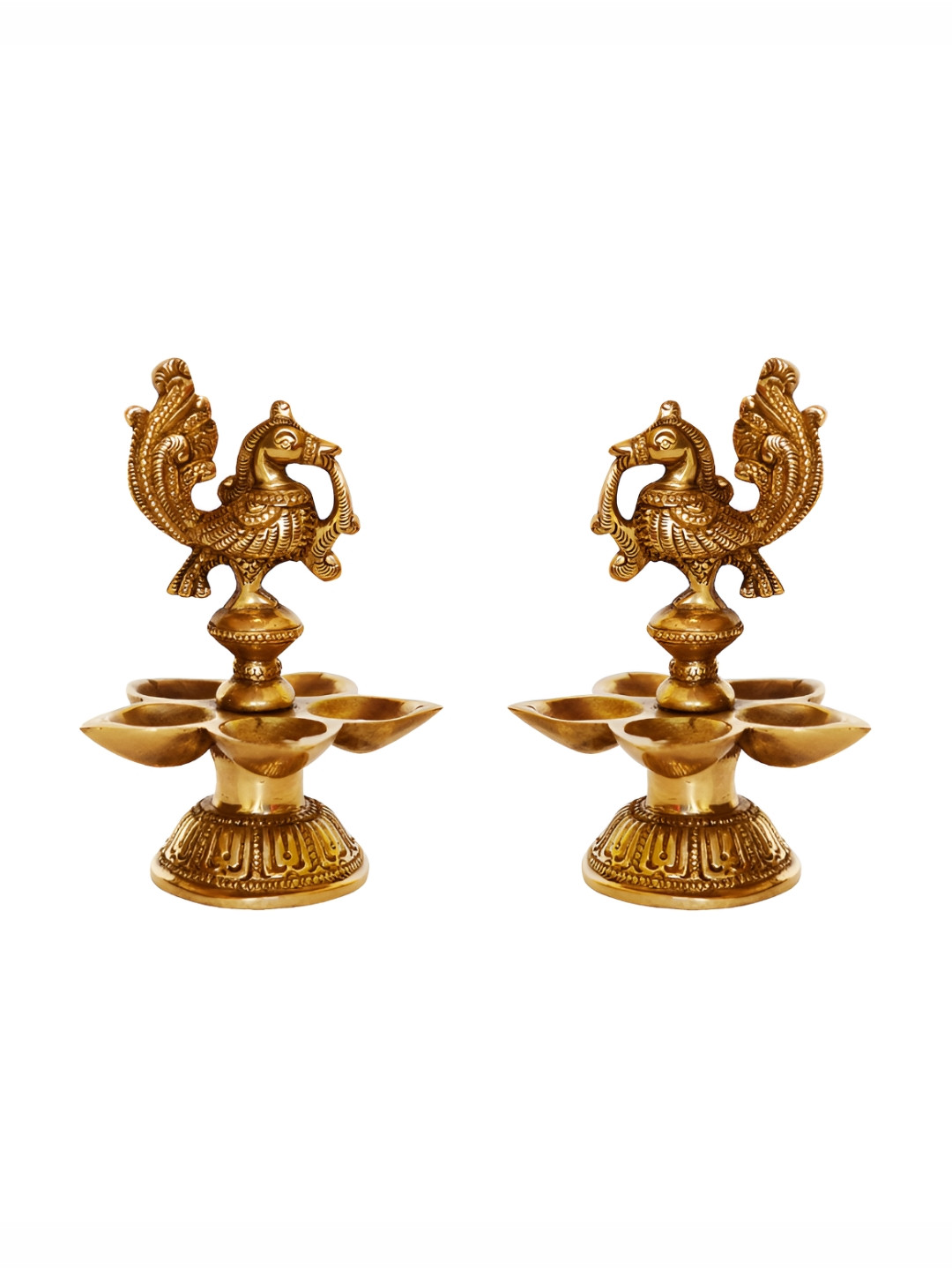Aakrati Gold Toned 2-Pcs Brass Peacock-Design 5-Wicks Table Diyas