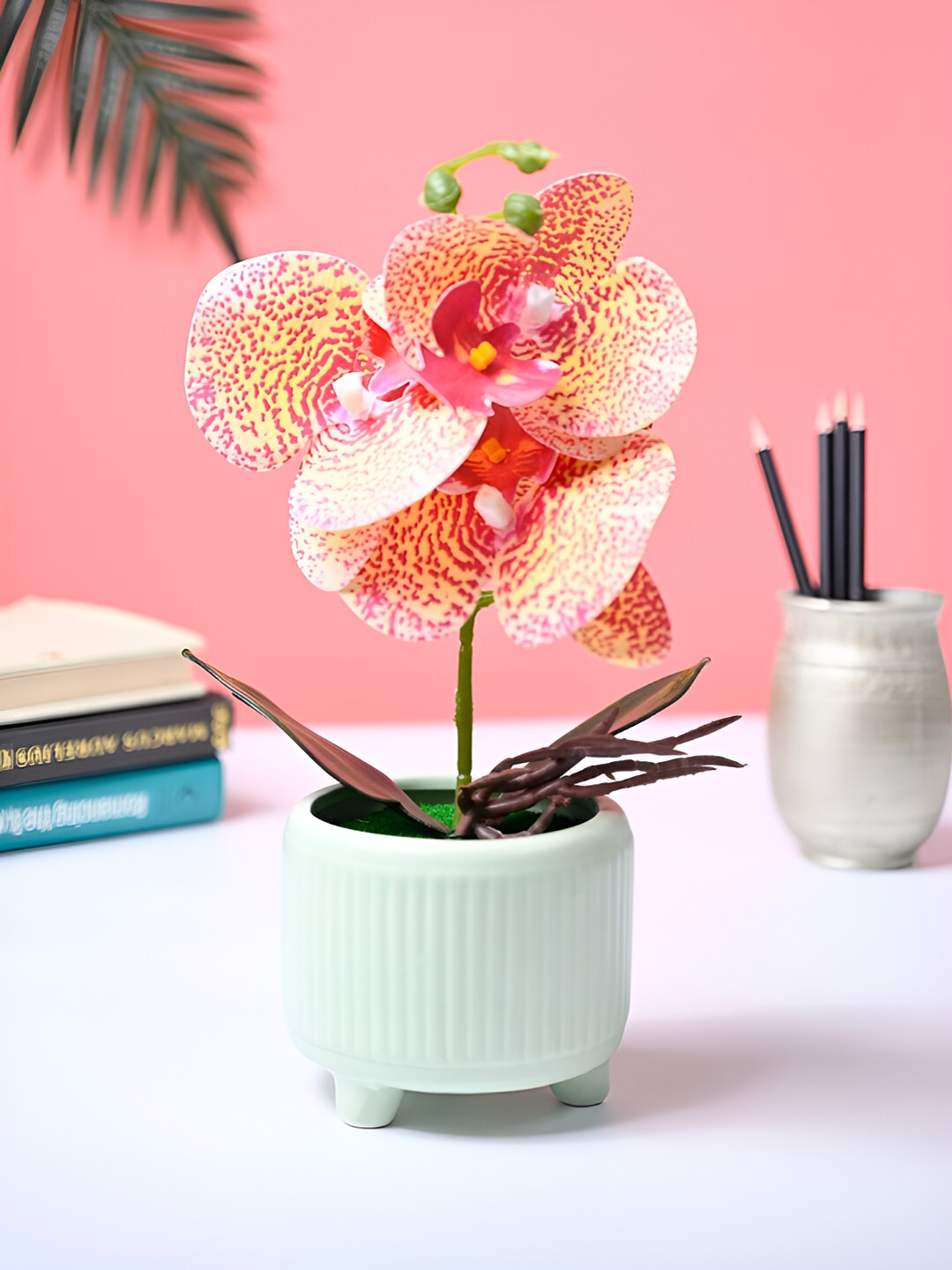 MARKET99 Green & Pink Orchid Artificial Flower With Pot