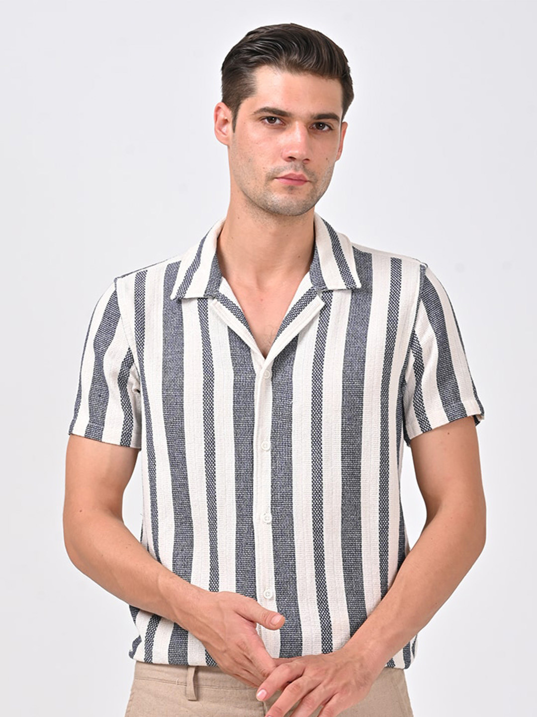 POE Men Smart Slim Fit Multi Stripes Opaque Striped Casual Shirt
