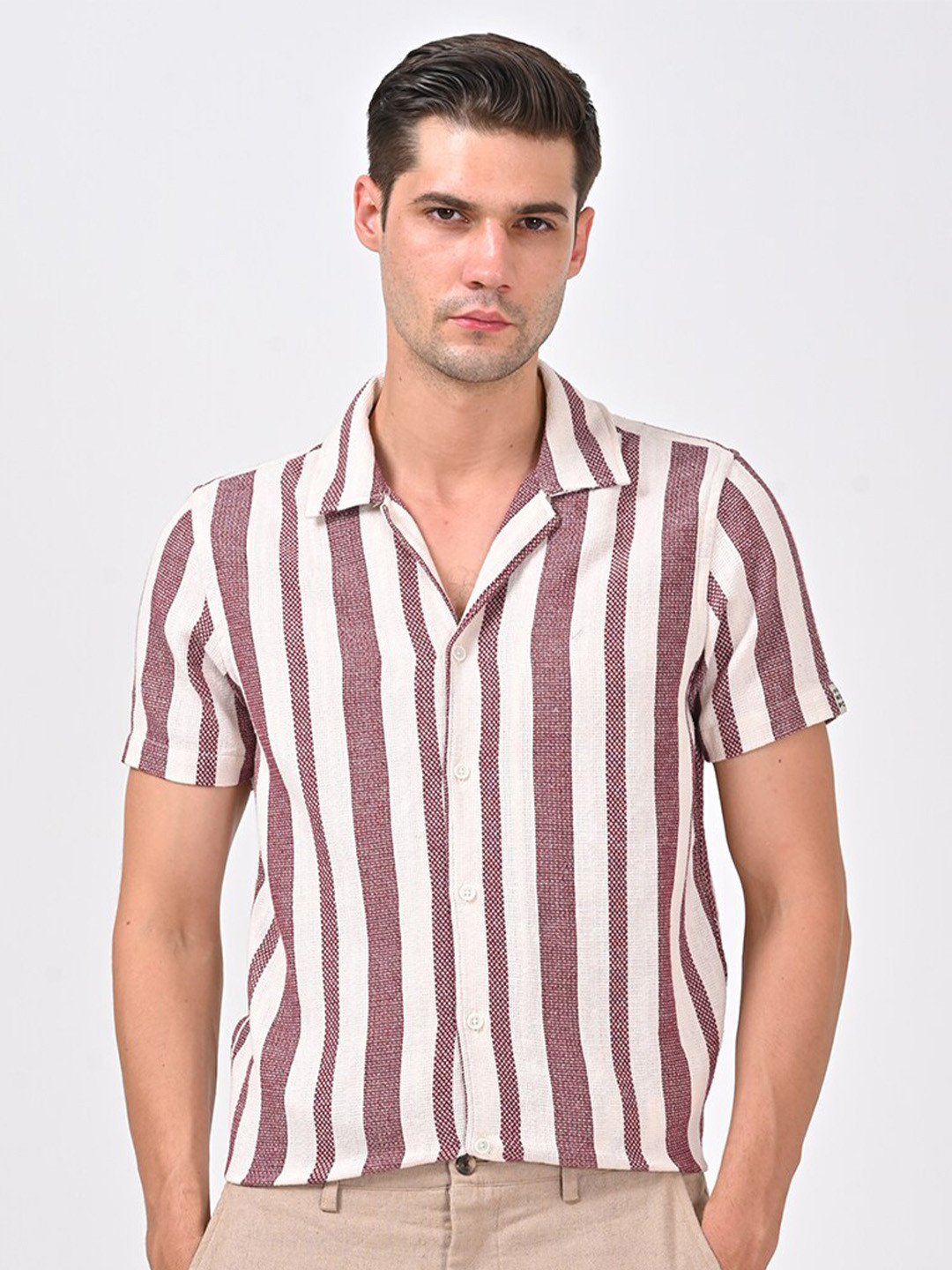 POE Men Smart Slim Fit Multi Stripes Opaque Striped Casual Shirt