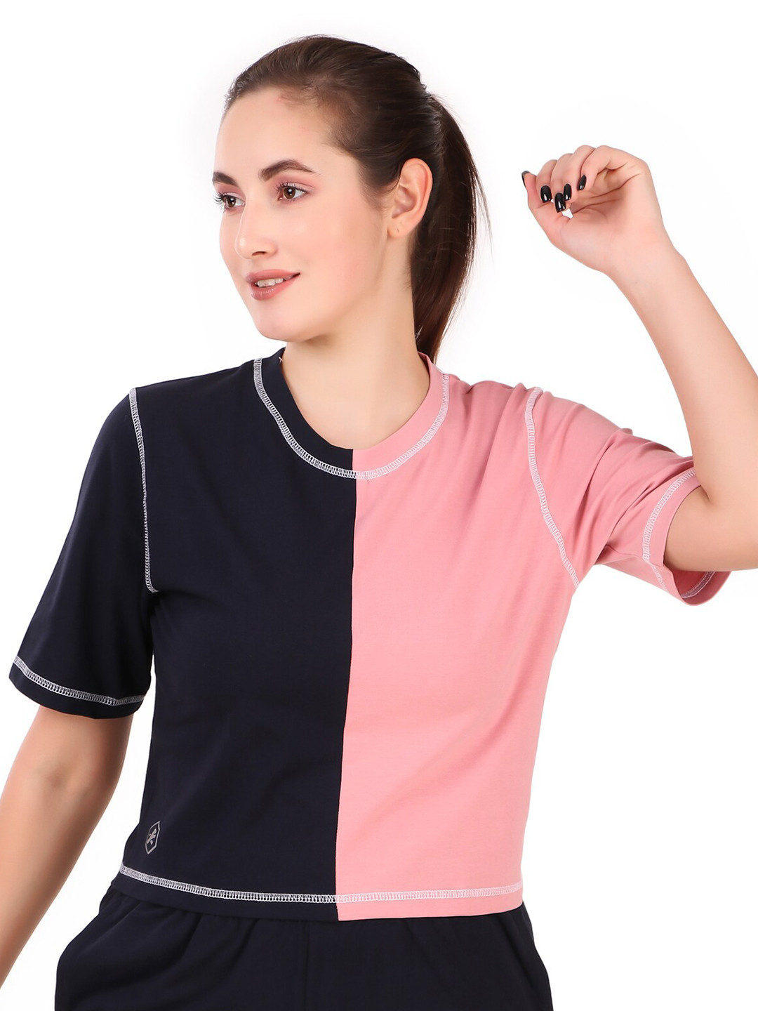 REDESIGN Colourblocked Mandarin Collar Cotton Top