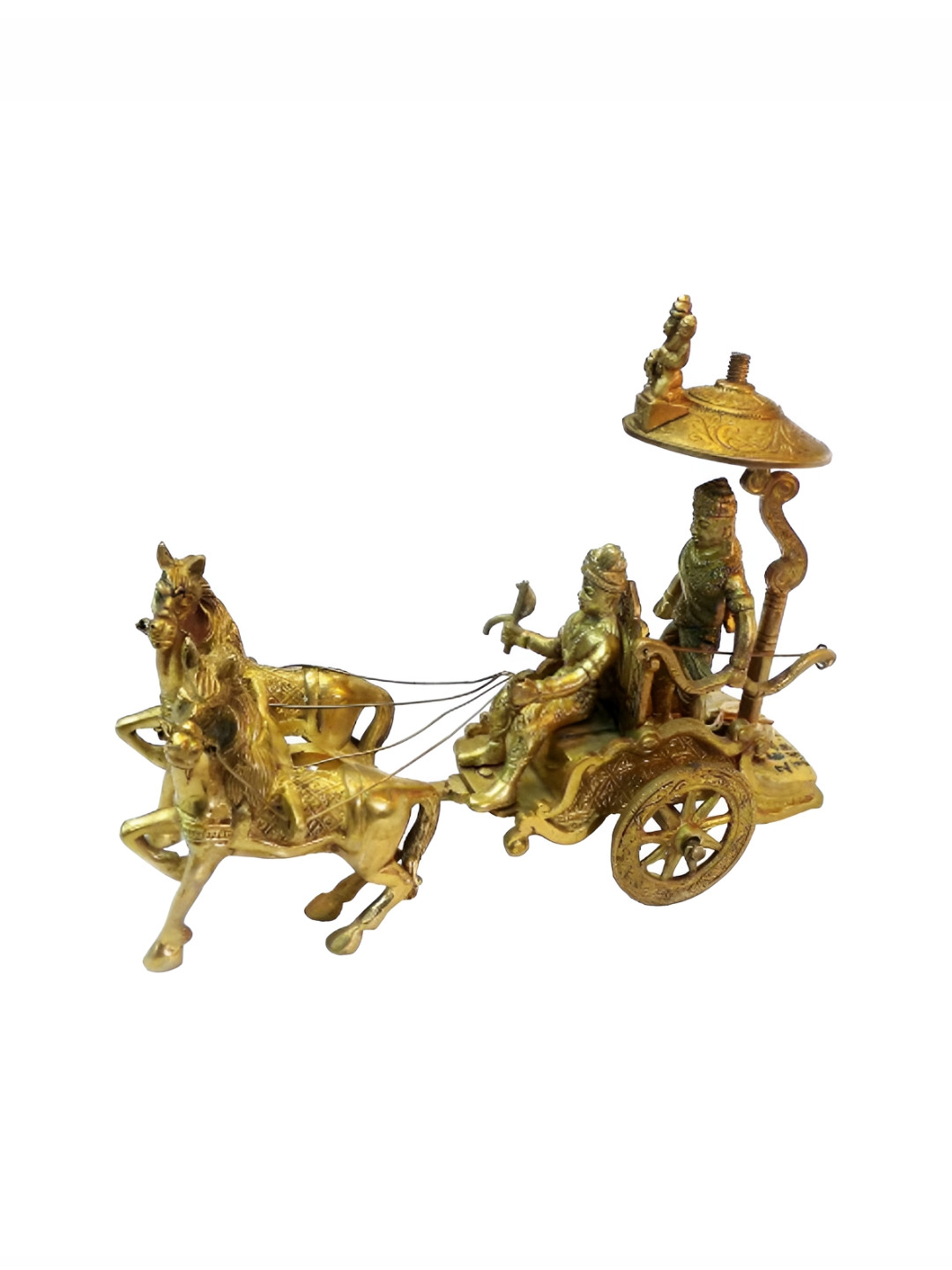 Aakrati Chariot Horse Cart Arjun Rath Yellow Brass Metallic Prayer Room Small Showpiece - 8 Inches