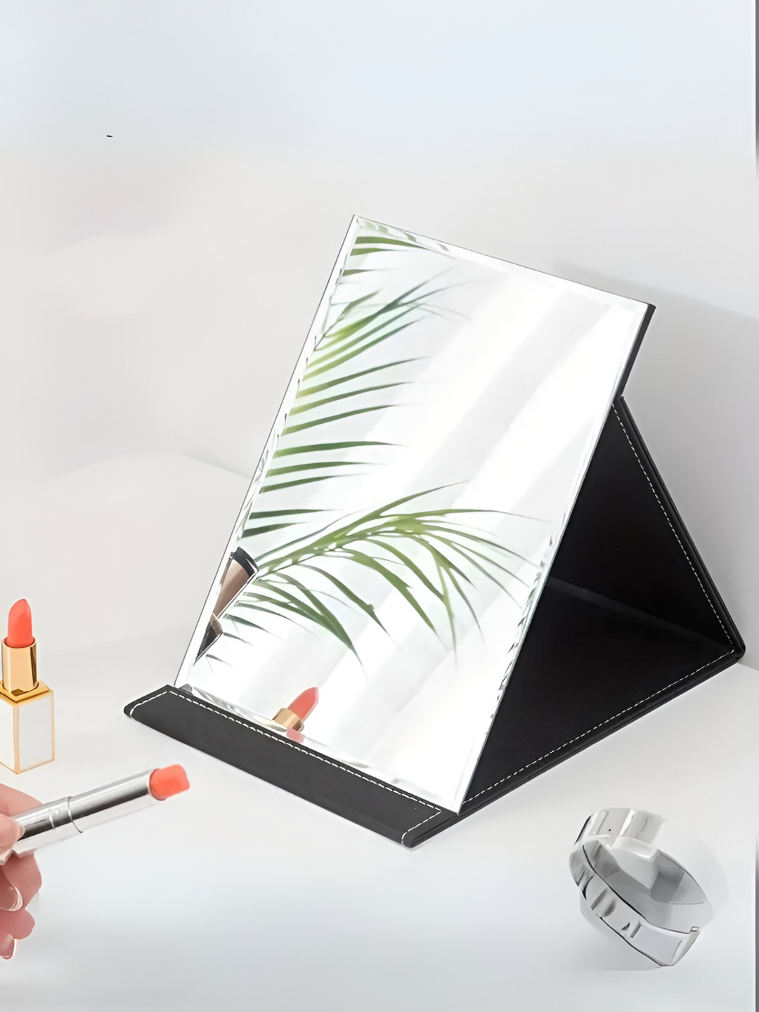 UniKart Black Foldable Leather Table Top Mirror
