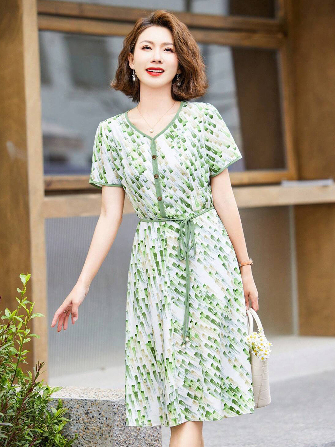 KALINI Printed Fit & Flare V Neck Dress