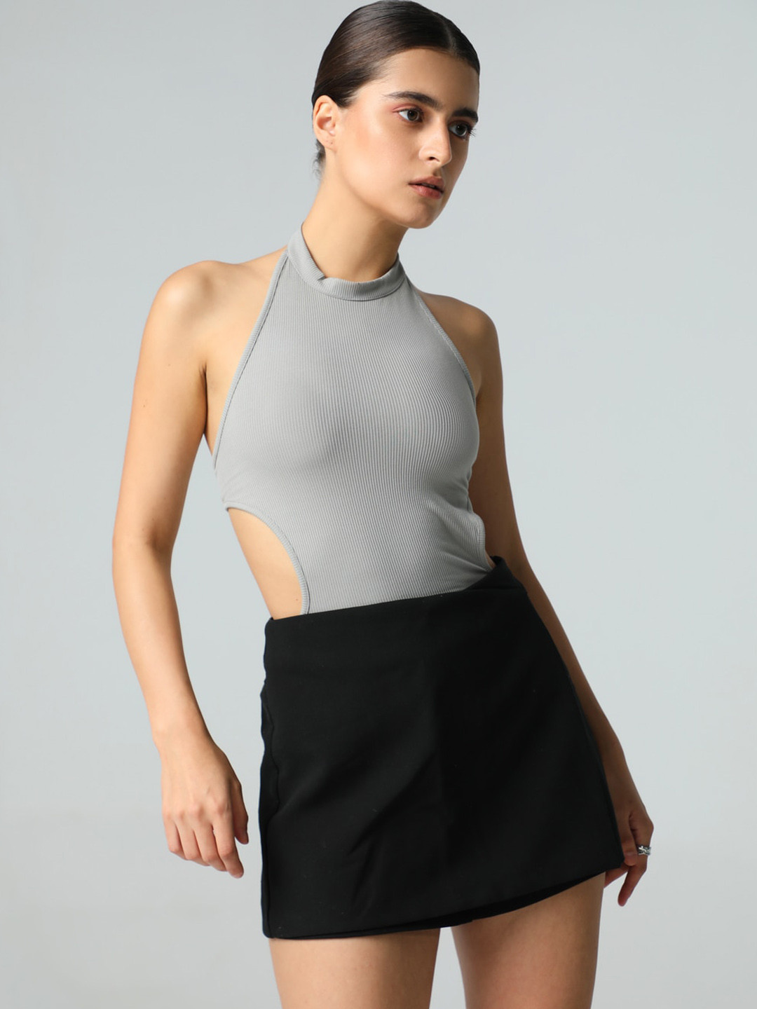 DEBSTREET Striped Halter Neck Cut-Out Detailed Bodysuit