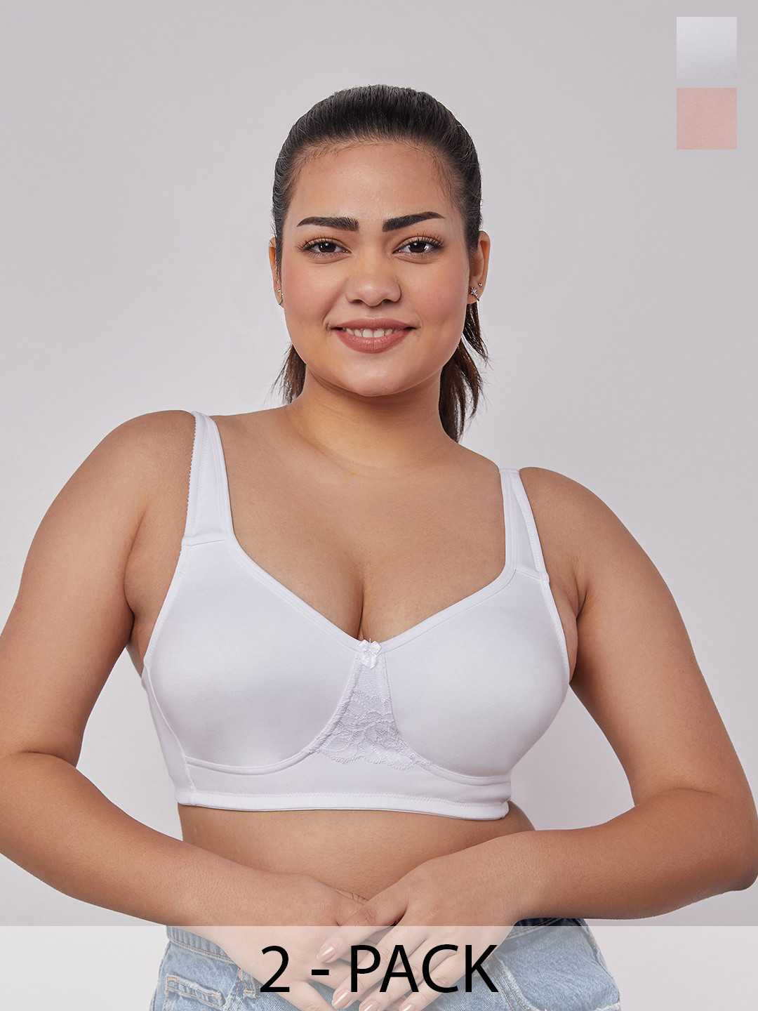 MAASHIE Pack of 2 Double Layered Concealed Cups Lace T-Shirt Bra FWN-WH