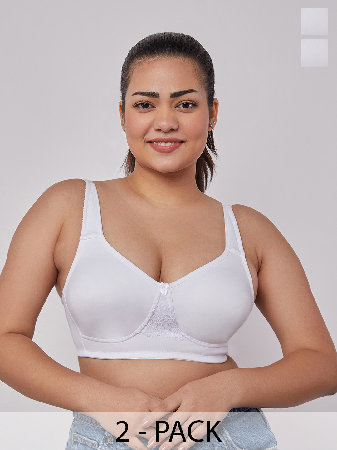 MAASHIE Pack of 2 Double Layered Concealed Cups Lace T-Shirt Bra WH-WH