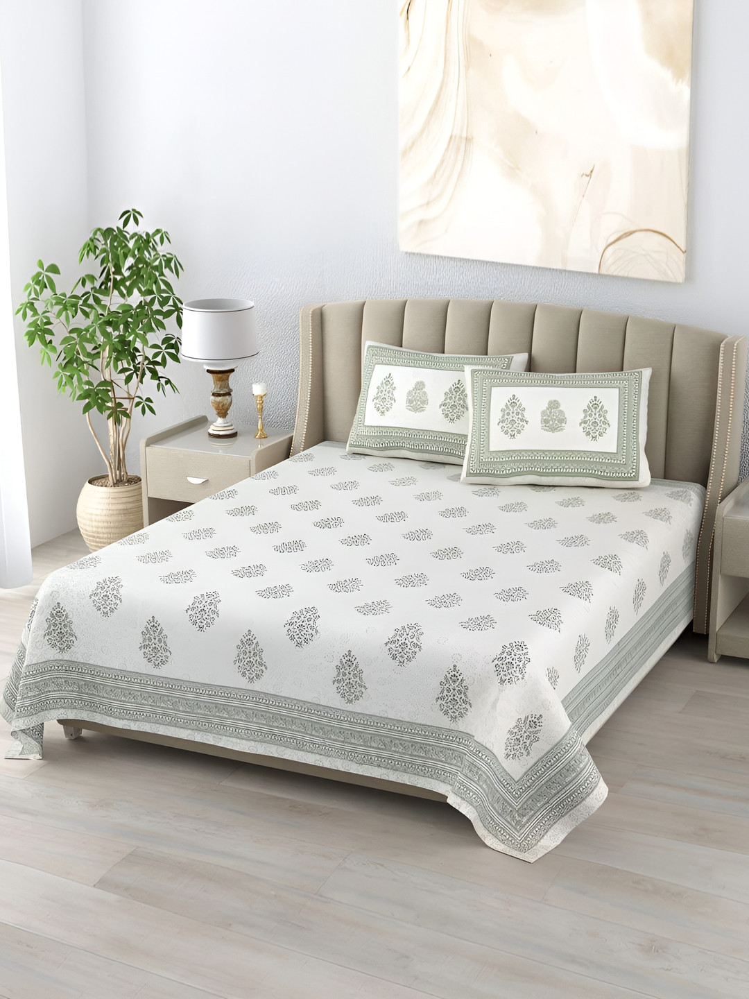 DE CAMA Green Ethnic Motifs Cotton 300 TC King Fine Bedsheet with 2 Pillow Covers-90 x 108 inches