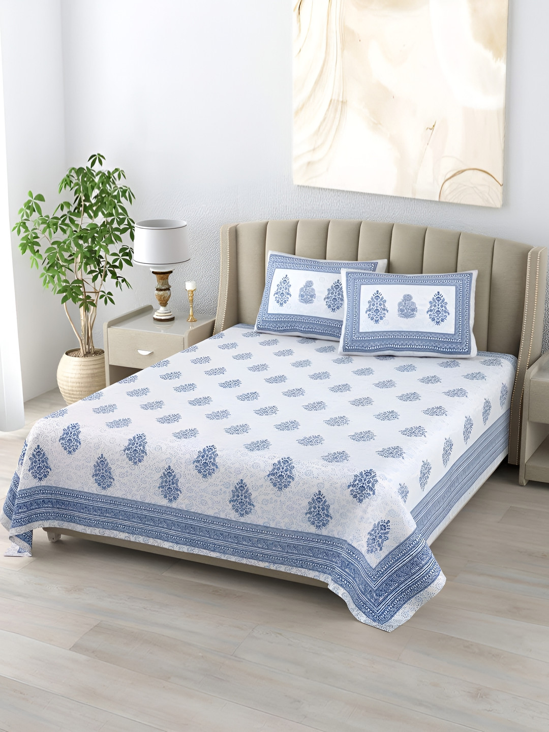 DE CAMA Blue Ethnic Motifs Cotton 300 TC King Fine Bedsheet with 2 Pillow Covers-228 x 274 cm