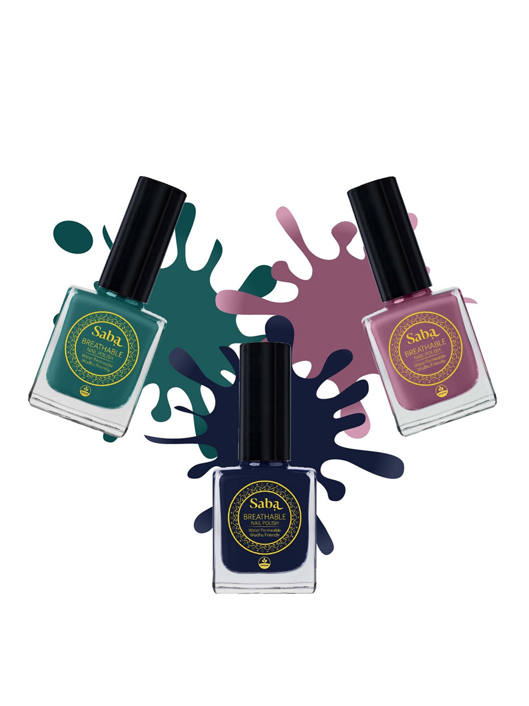 Saba Breathable Set Of 3 Nail Polish-12ml Each-Emerald Green-Burnt Rose-Russian Blue