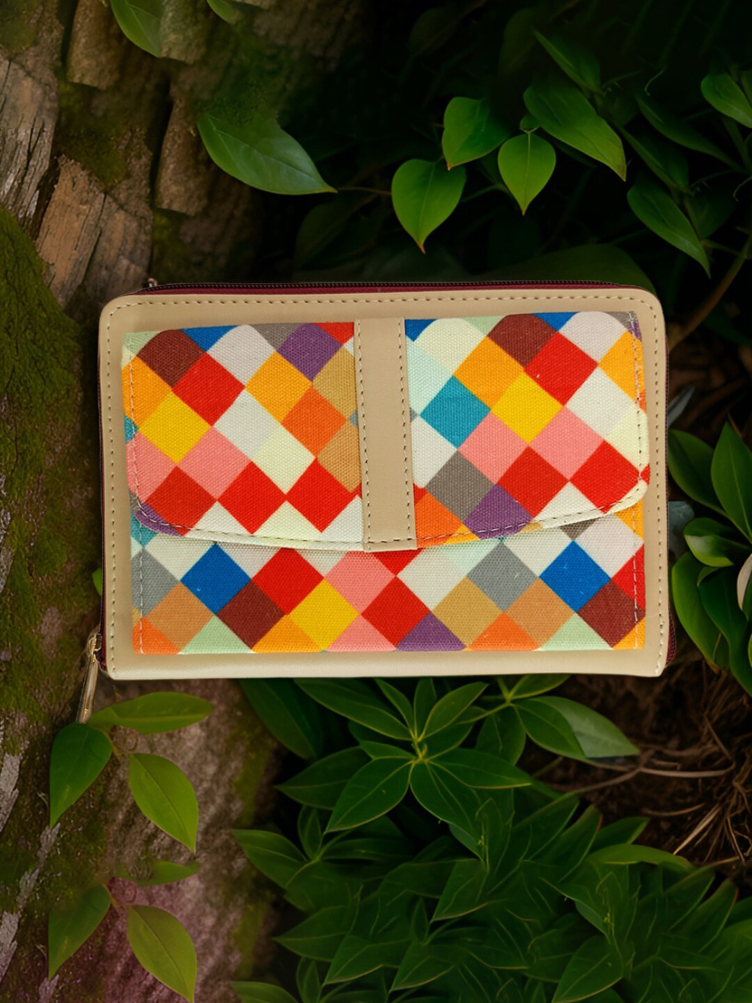 IMARS Women Geometric Printed Wrist Loop Canvas Zip Around Wallet