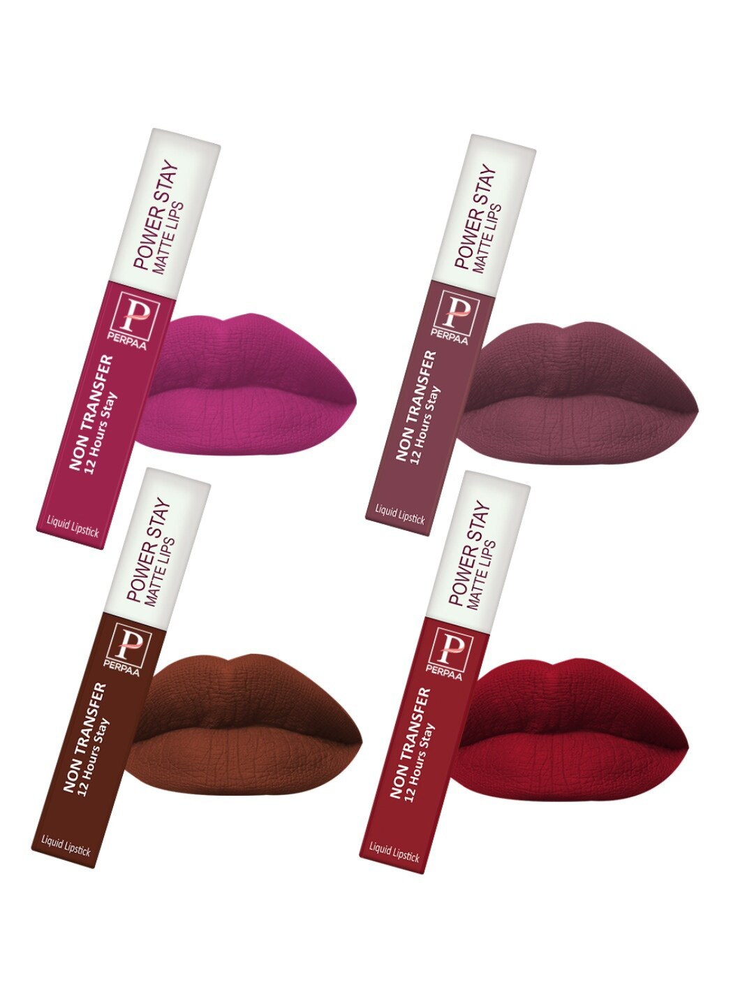 PERPAA Power Stay Set Of 4 Liquid Matte Lipstick - 5ml Each -Pink-Apple Red-Mauve-Brown