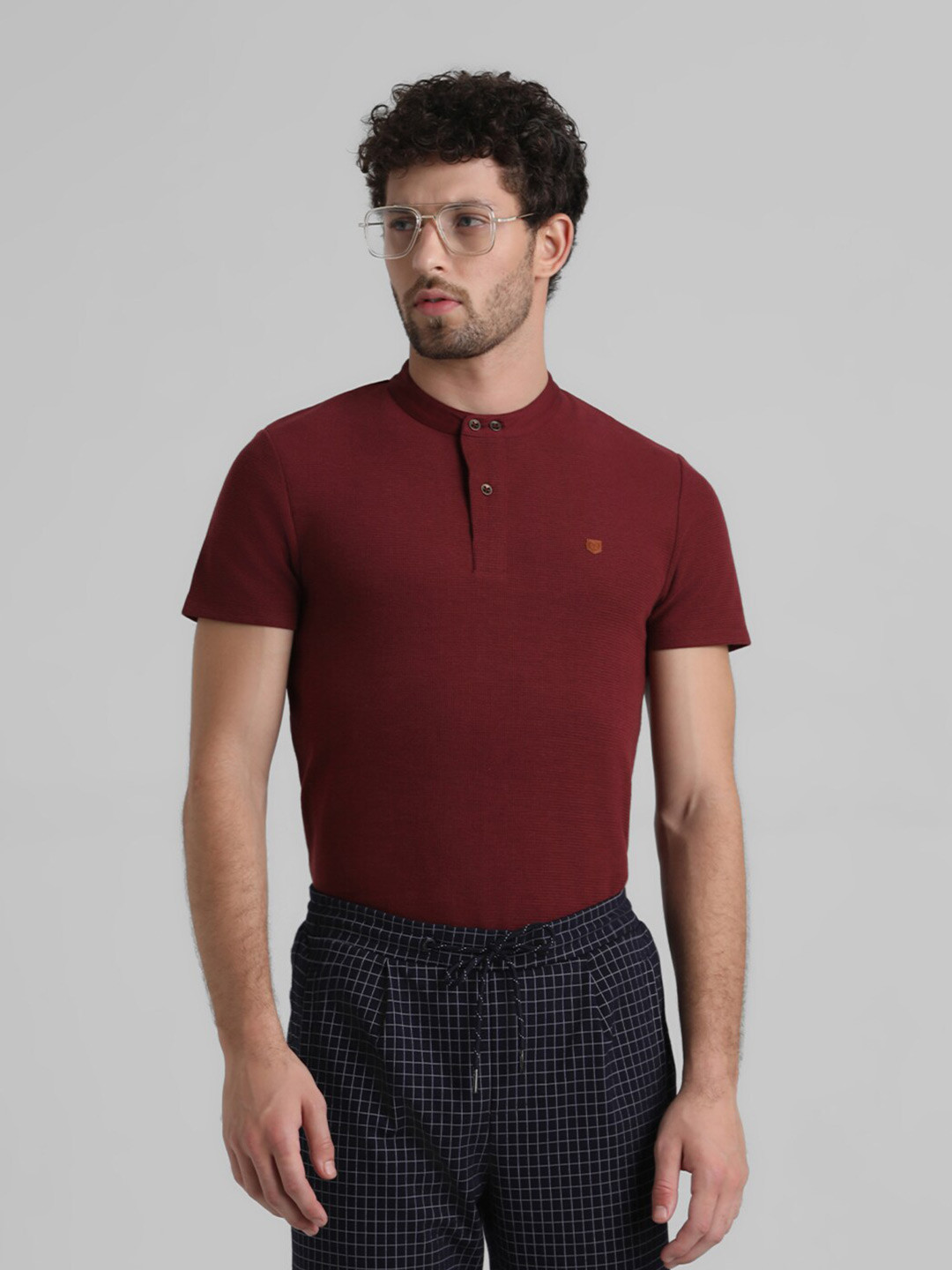 Jack & Jones Men Mandarin Collar Pockets Slim Fit T-shirt