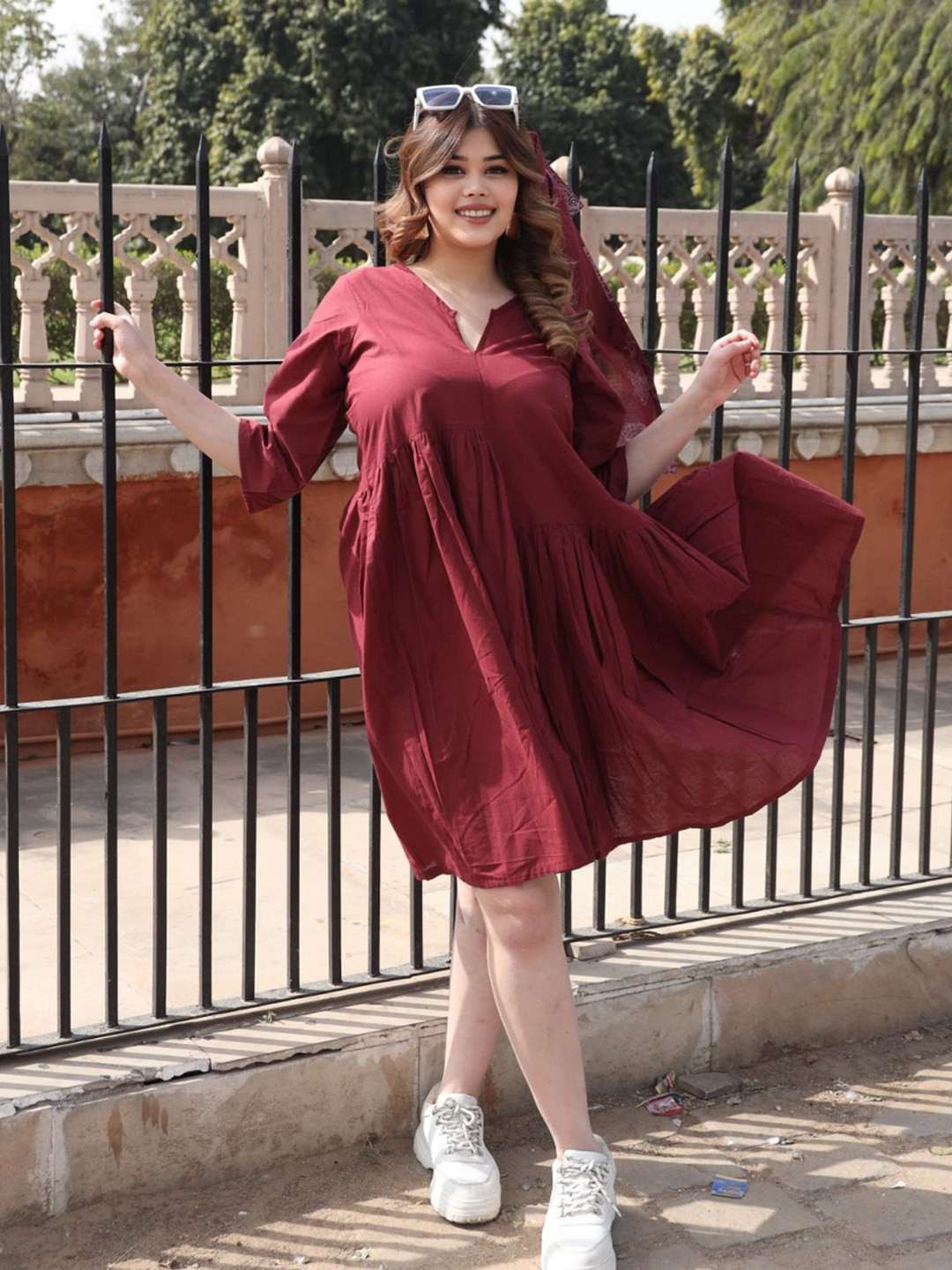 Swadeshi Shringaar V-Neck Pure Cotton Tiered A-Line Dress