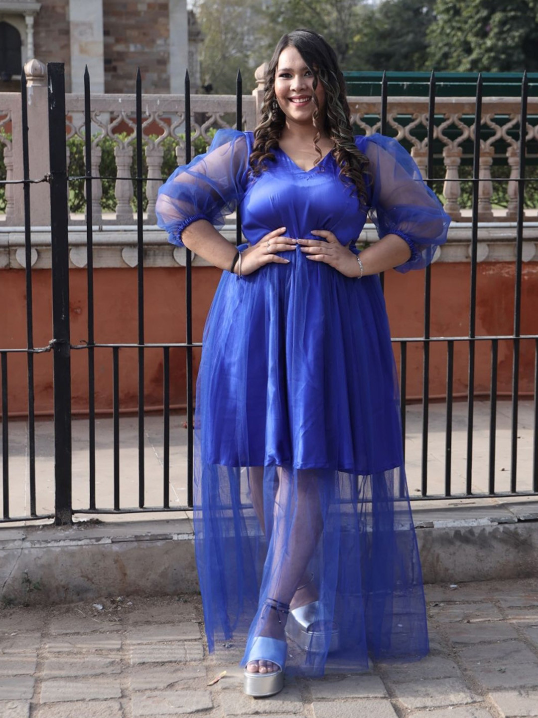 Swadeshi Shringaar Plus Size Puff Sleeve Fit & Flare Maxi Dress