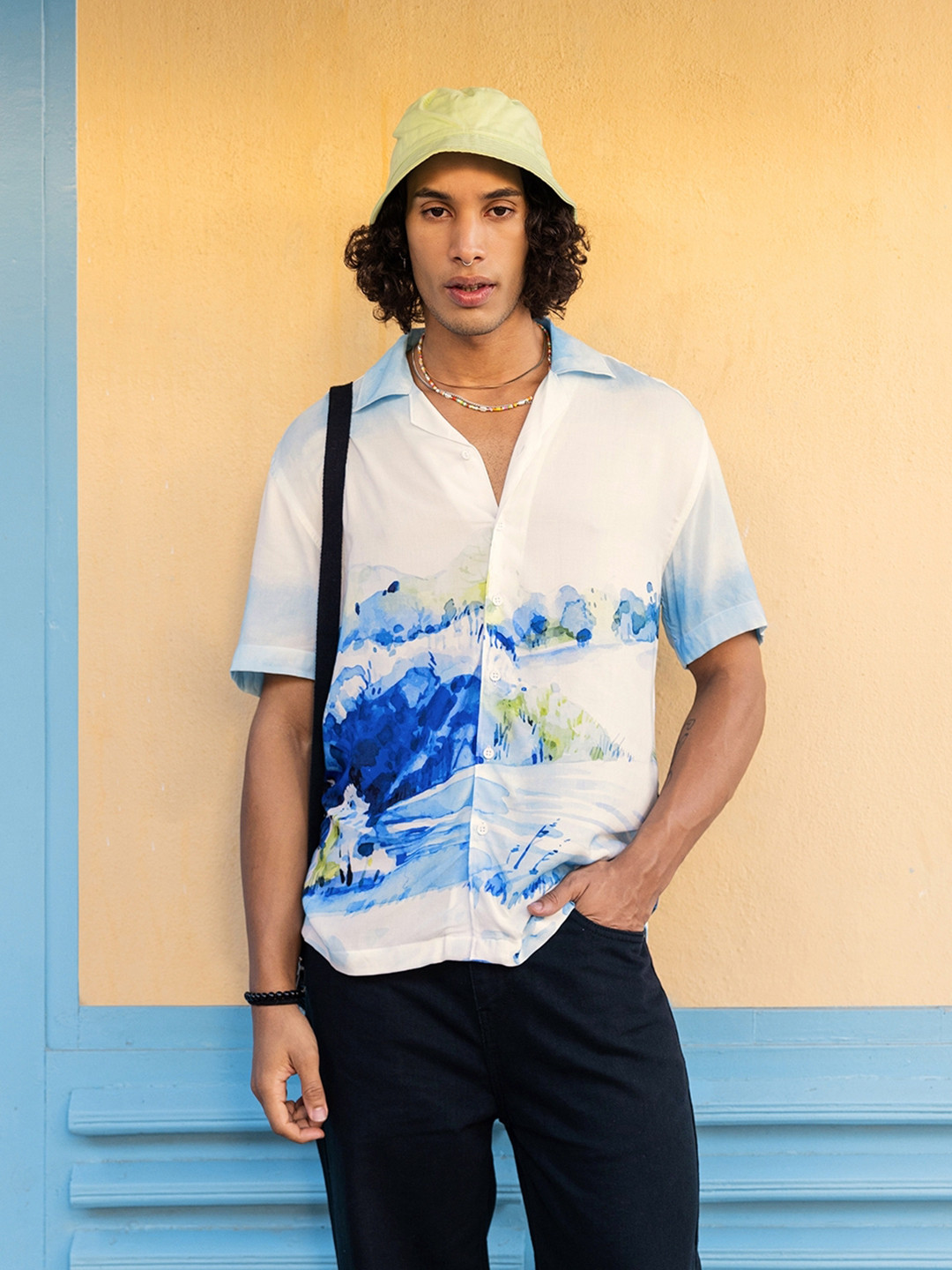 Bewakoof Men's White & Blue All Over Printed Oversized Shirt