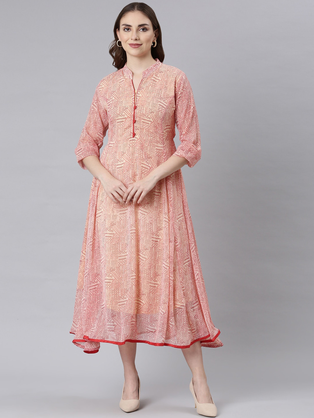 Souchii Floral Printed Mandarin Collar Chiffon A-Line Midi Dresses