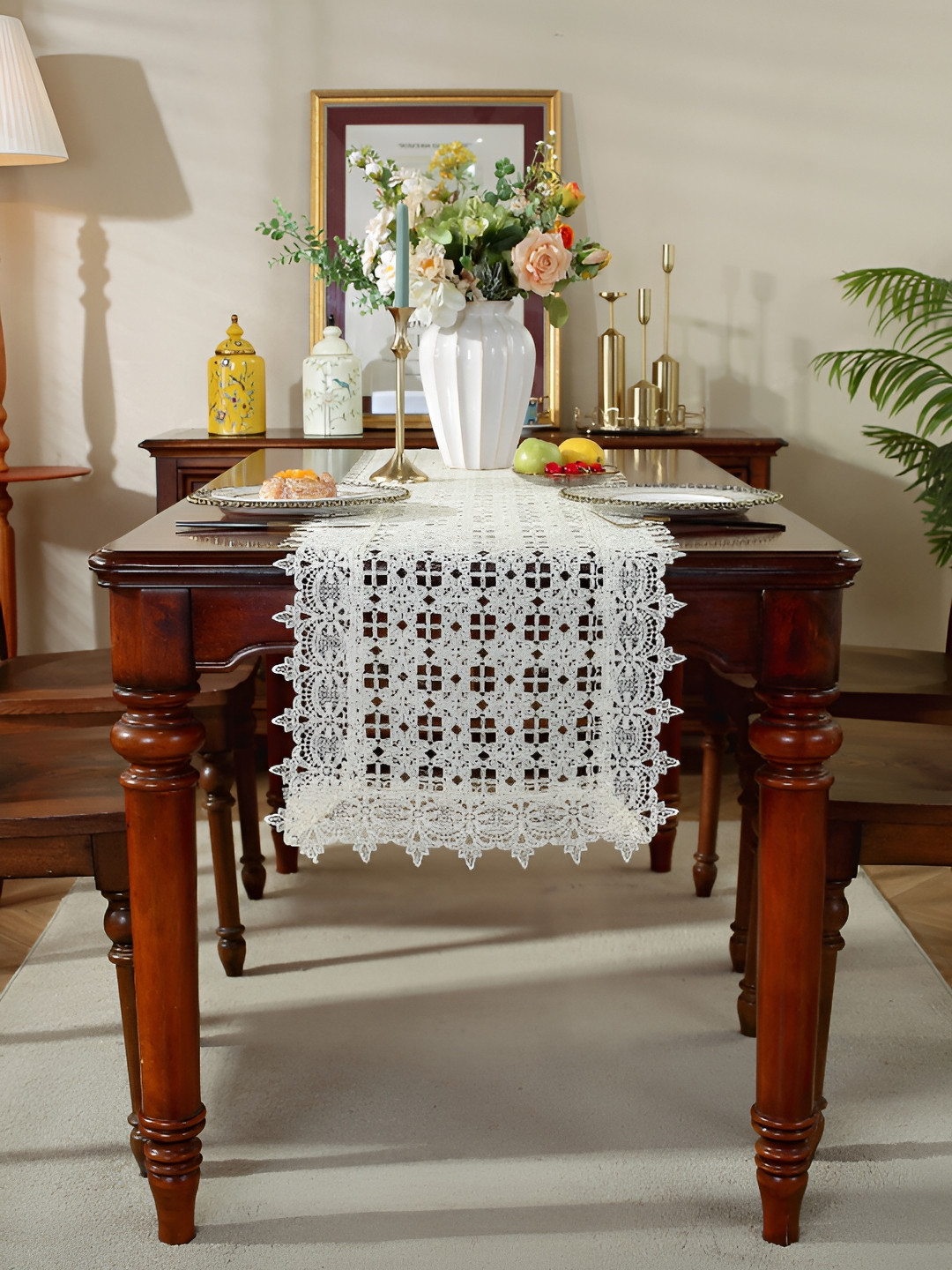 MONKDECOR Cream Coloured Floral Cutwork Table Runnner