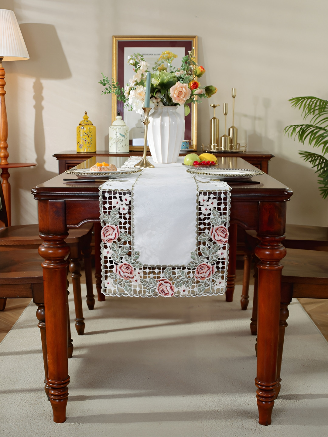 MONKDECOR White & Green Floral Cutwork Table Runnner