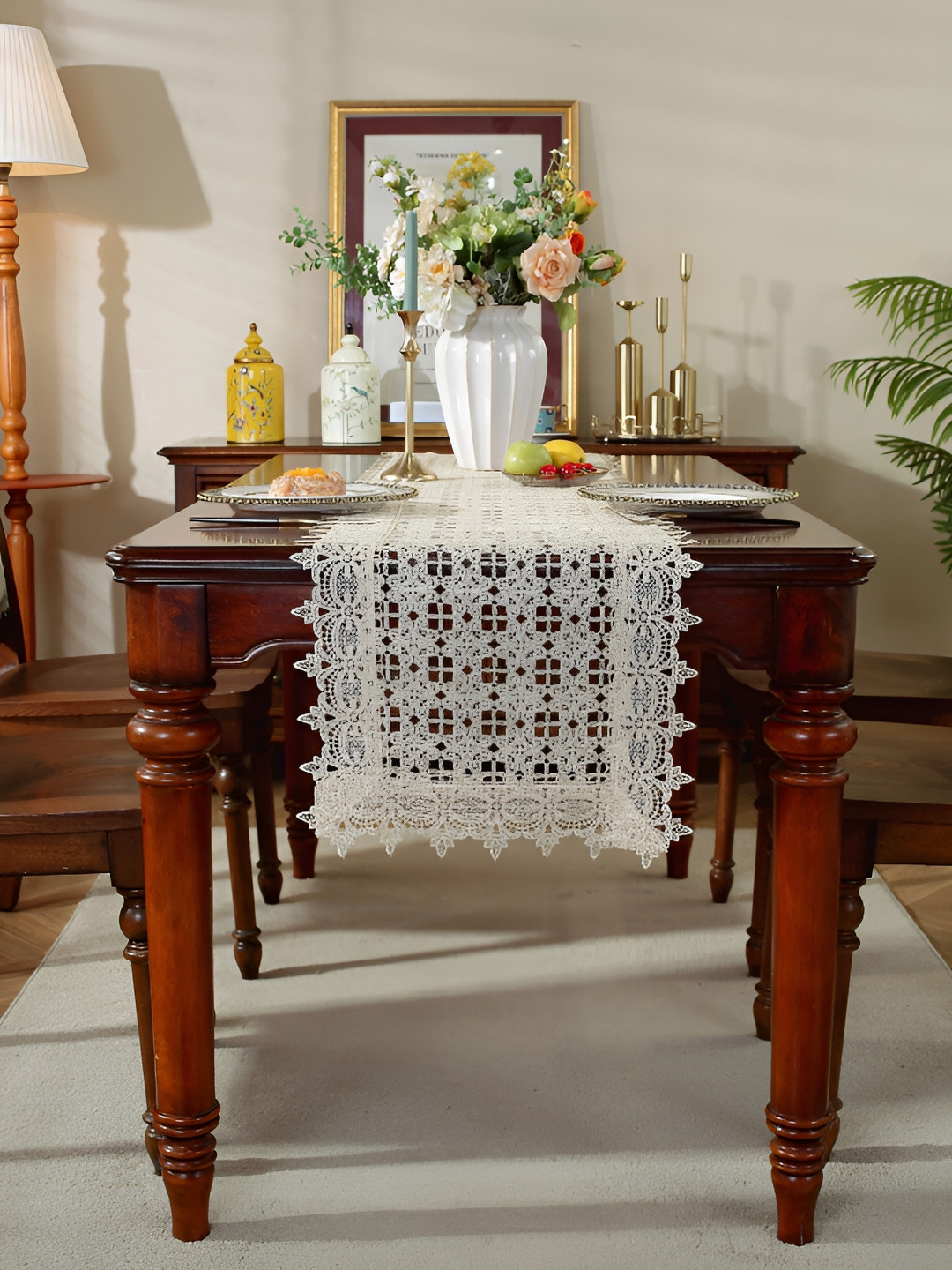 MONKDECOR Beige Cutwork Table Runnner