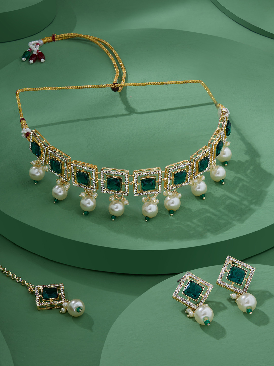 Zaveri Pearls Gold Plated Austrian Diamonds Studded & Beaded Jewellery Set