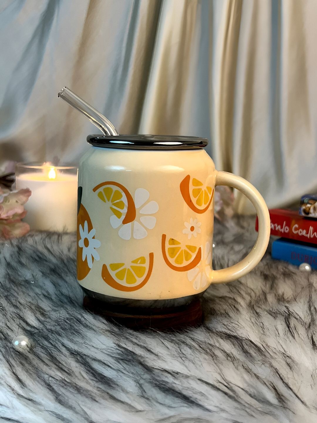 Giftii Beige & Orange 2 Pieces Printed Ceramic Matte Finish Mugs 350 ml
