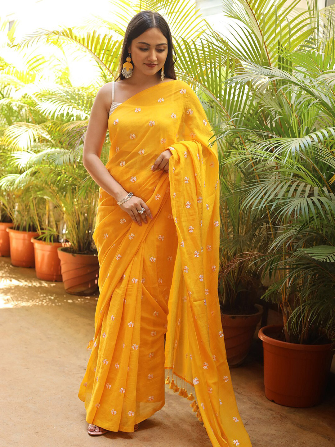 TEEJH Reiya Mustard Embroidered Floral Pure Cotton Saree